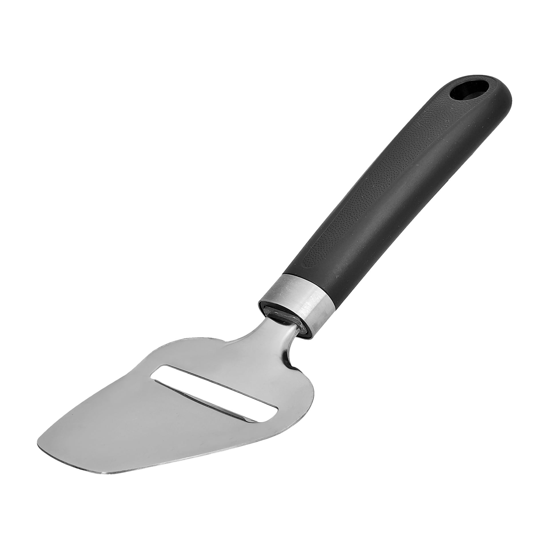 En Menuett-ostskivare med ett platt rostfritt stålblad och ett svart handtag visas. Den har en lucka avsedd för att skära tunna ostskivor.