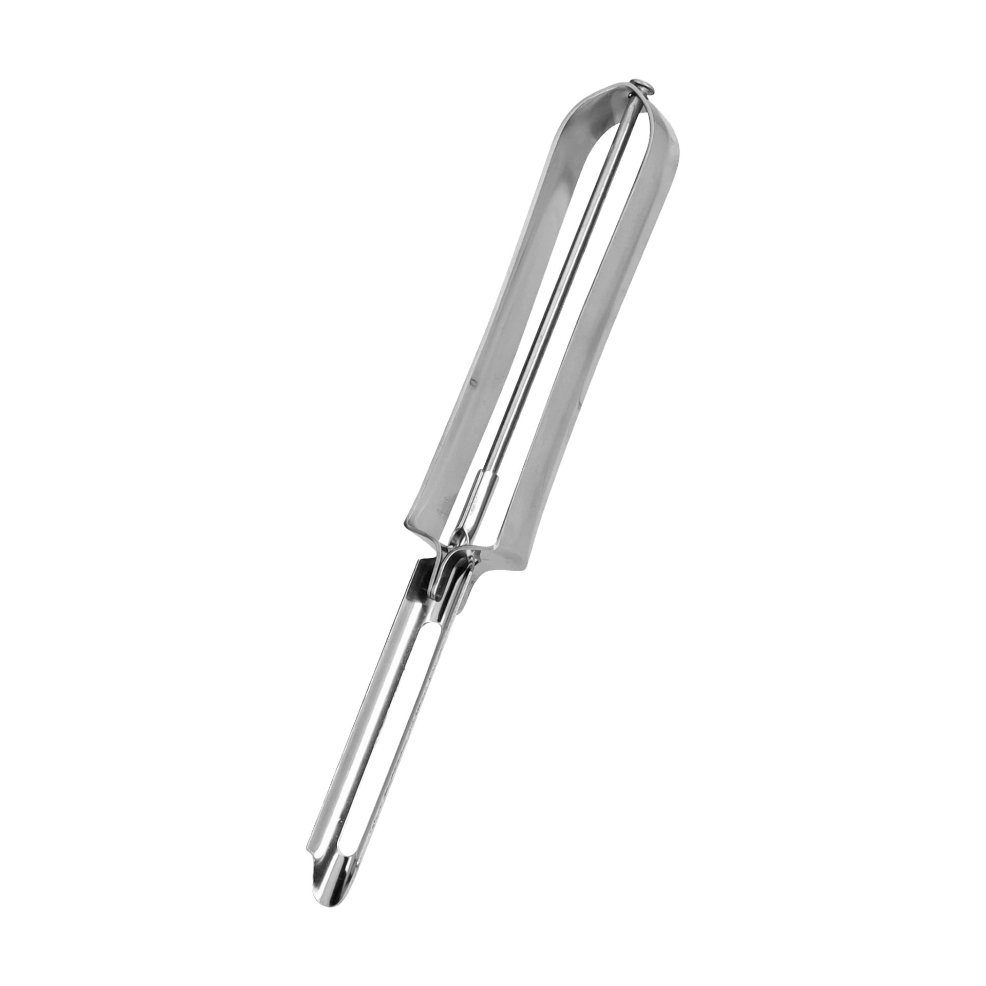 En Menuett-potatisskalare med ett horisontellt rostfritt stålblad och ett ergonomiskt handtag.