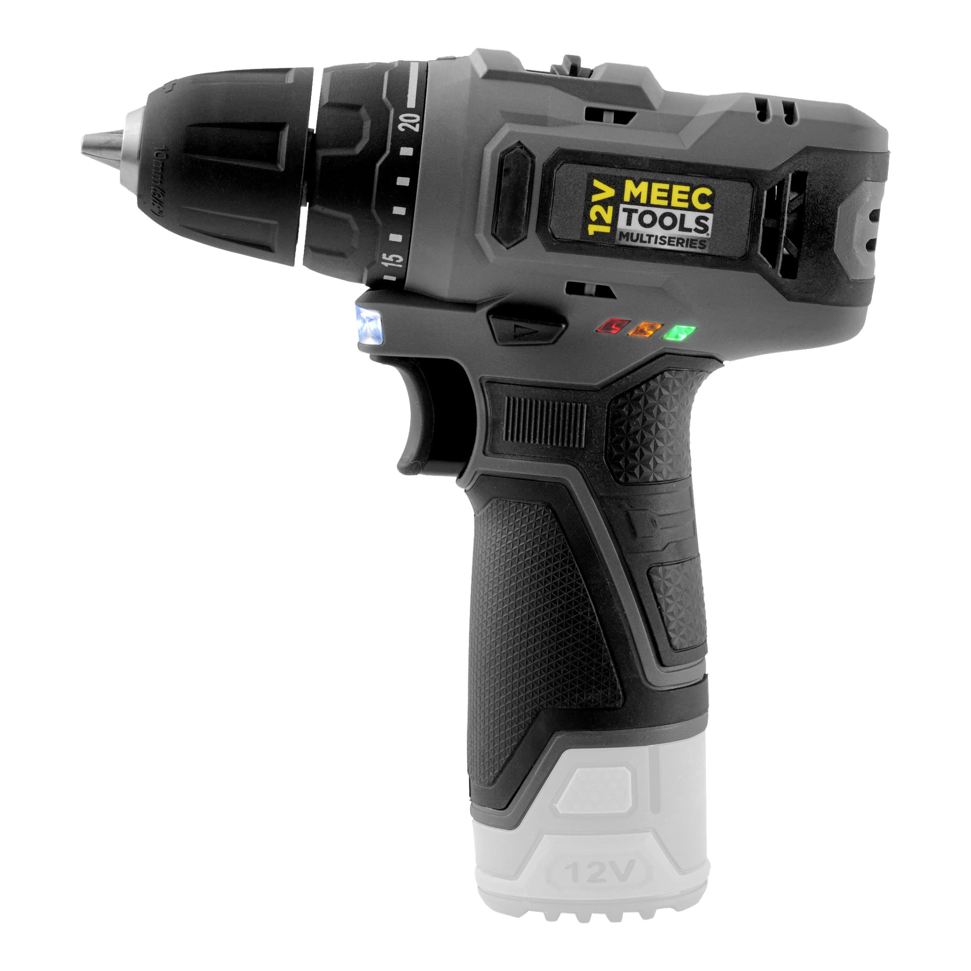 En kompakt Meec Tools Multiseries 12 V skruvmejsel i svart och grått, utrustad med LED-indikatorlampor, ett texturerat handtag för grepp och en synlig etikett nära toppen.