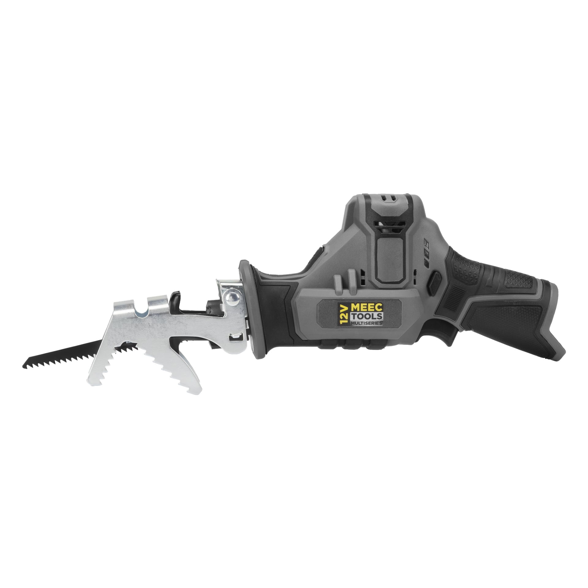 En liten, sladdlös kolvsåg i svart och grått, utrustad med ett tandat blad och en metallklämma, med inskriptionen "Meec Tools Multiseries 12 V" på sidan.