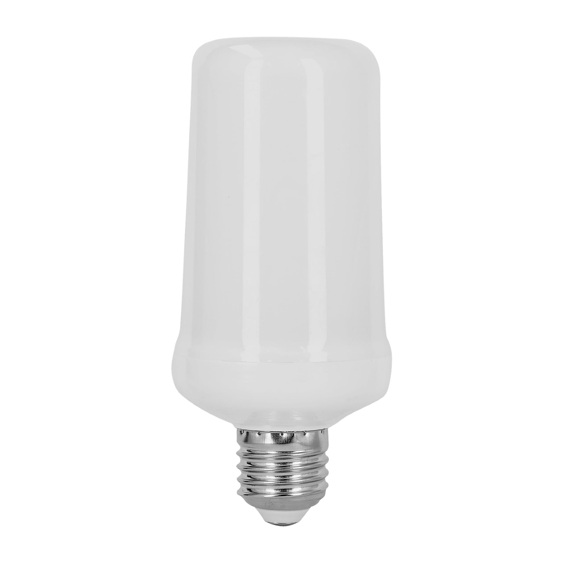 Ansluts Flame bulb LED står upprätt och visar sin cylindriska form, frostade vita yta och silverfärgade skruvbas.