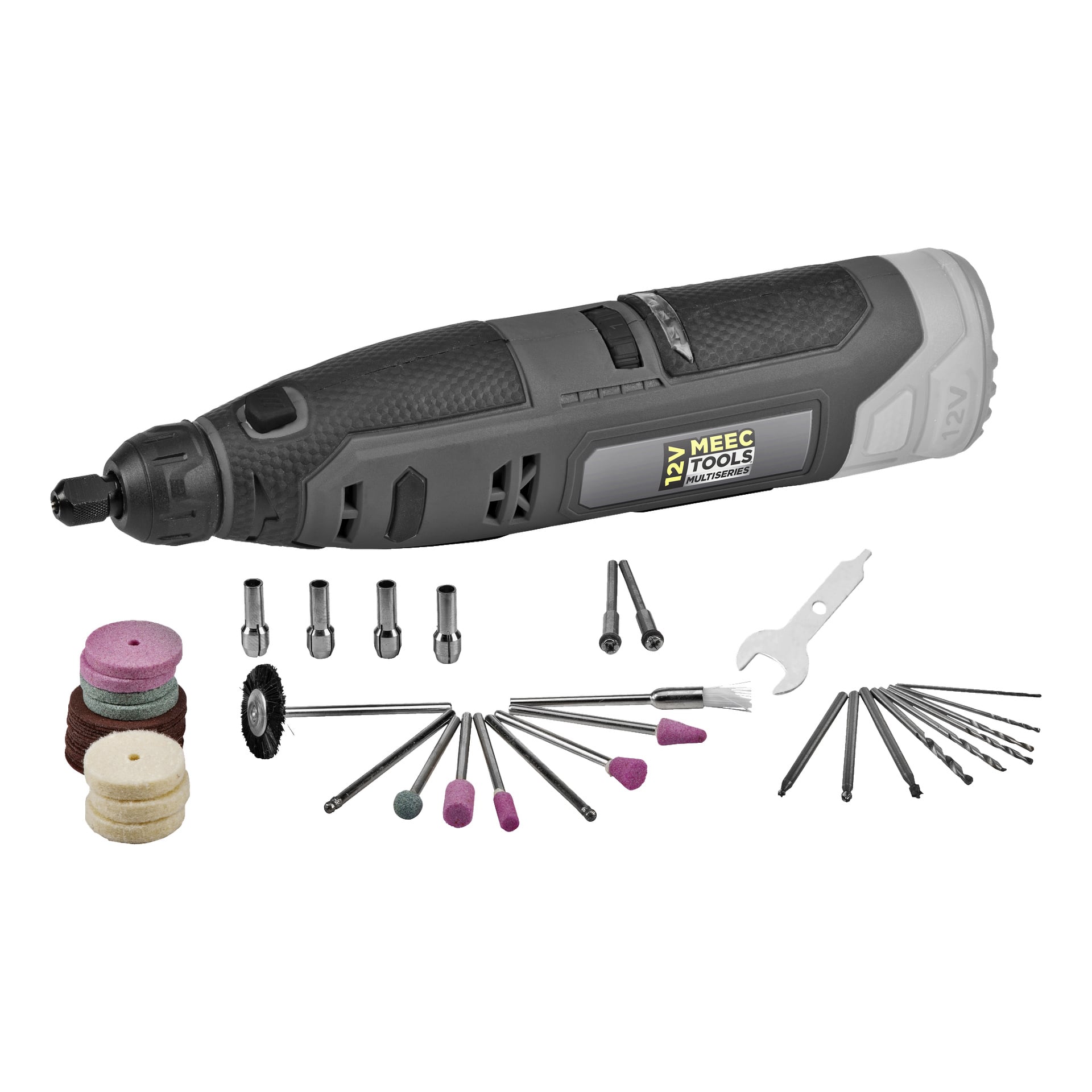 Ett svart och grått Meec Tools Multiseries 12 V kompakt slip- och gravyrverktyg visas tillsammans med 51 tillbehör, såsom borr, slipstenar, en skiftnyckel, sylte, en borste, poleringspads och skärskivor.