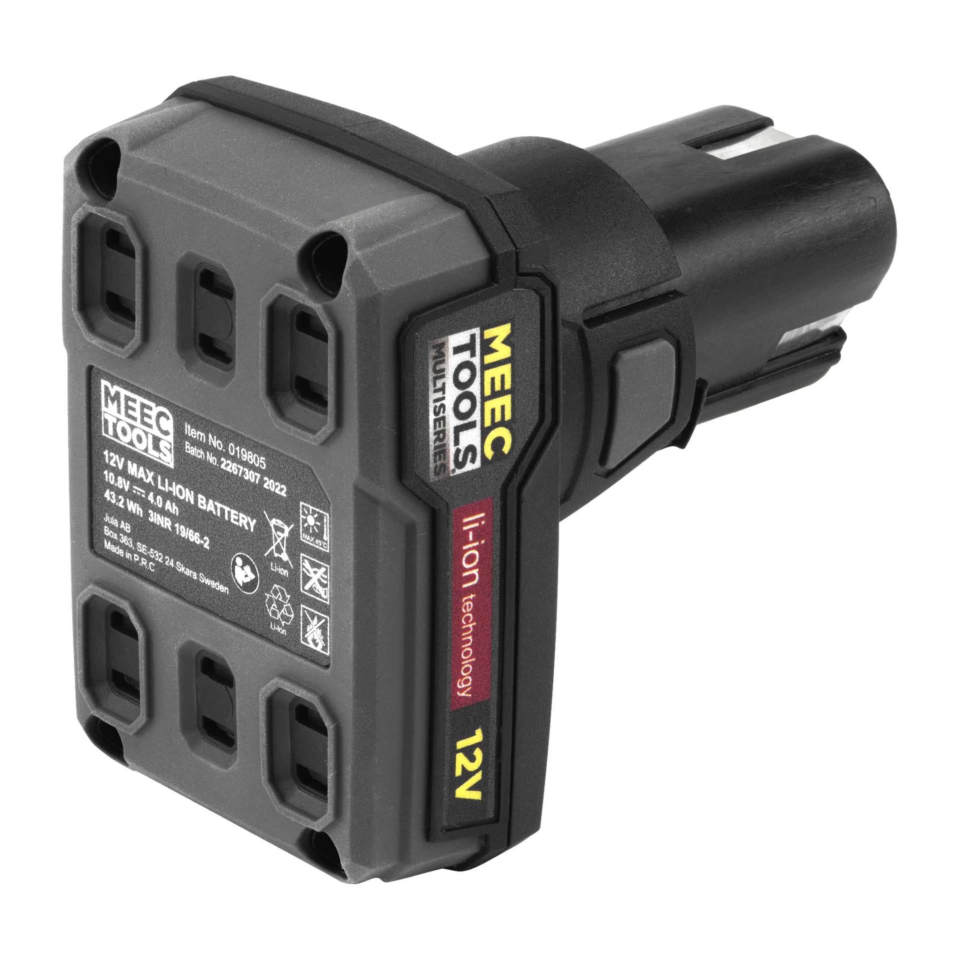 Ett svart Meec Tools Multiseries 12 V-batteri med tekniska specifikationer, produktetiketter och märkesdetaljer i vitt, gult och rött på sidorna. Batteriet har flera kontaktpunkter och slutar i en cylindrisk kontakt.