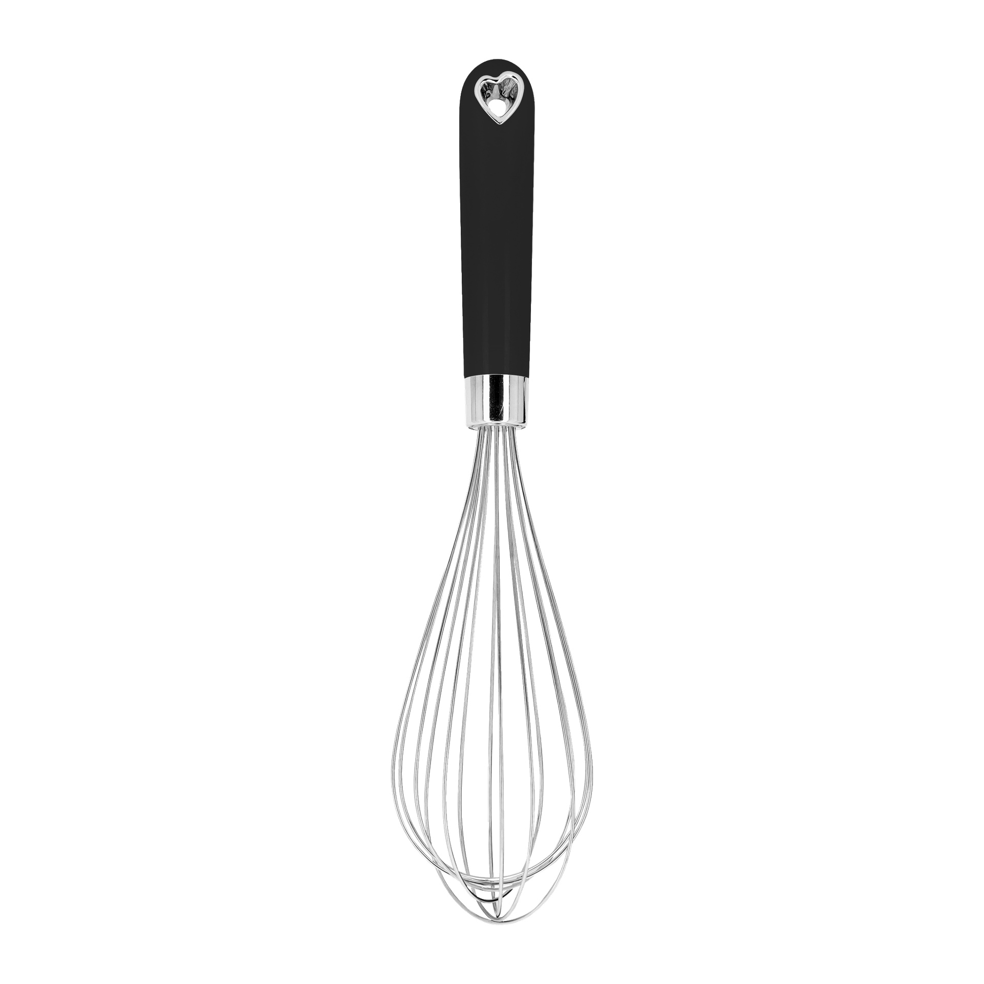 En Menuett-ballongvisp med svart handtag och ett hjärtformat utskärningsmönster nära toppen.