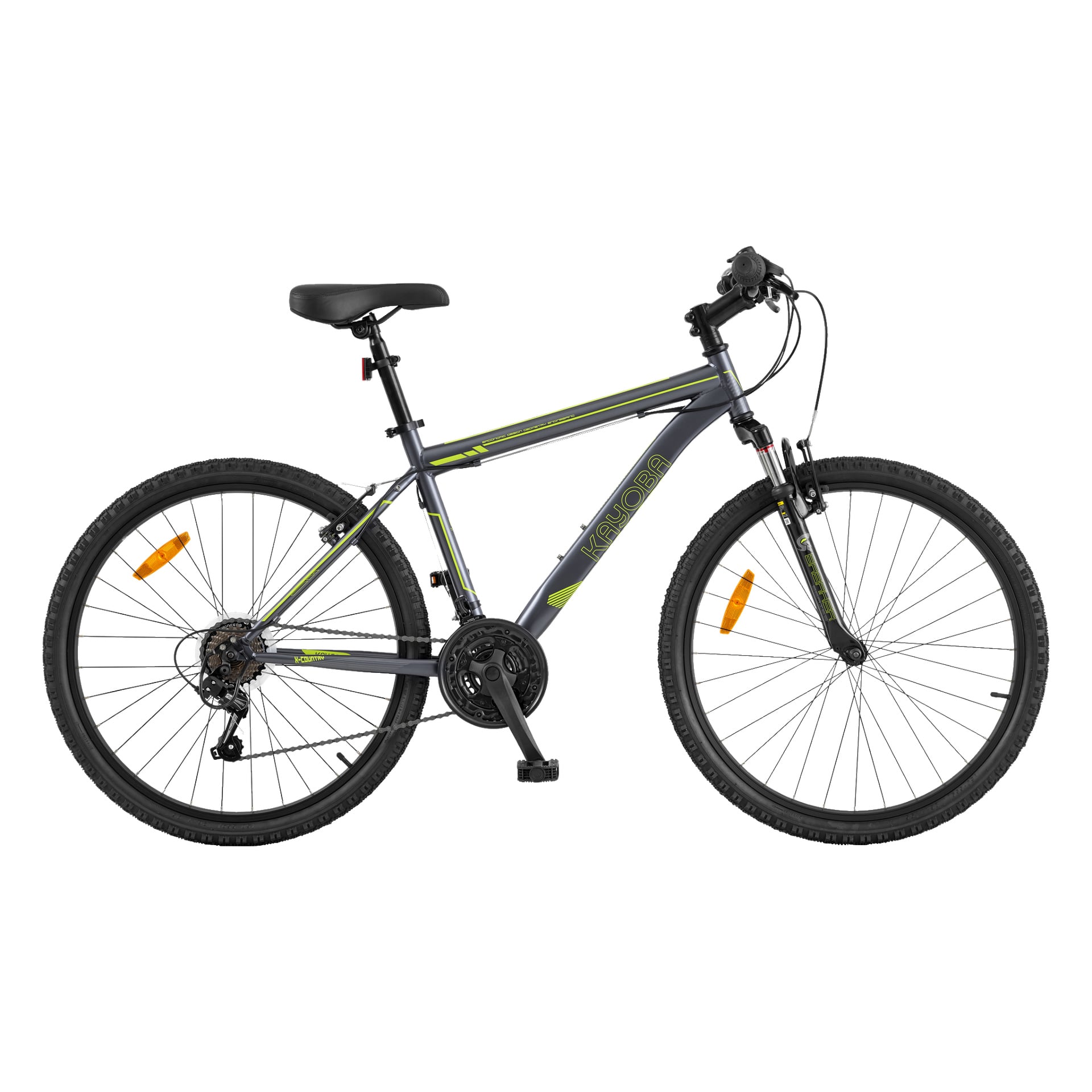 Mountainbike Breaker 2.0 från Kayoba har en grå och gul ram, svart sadel, raka styren, knöliga däck, växlar fram och bak, hjulreflektorer och stöd.
