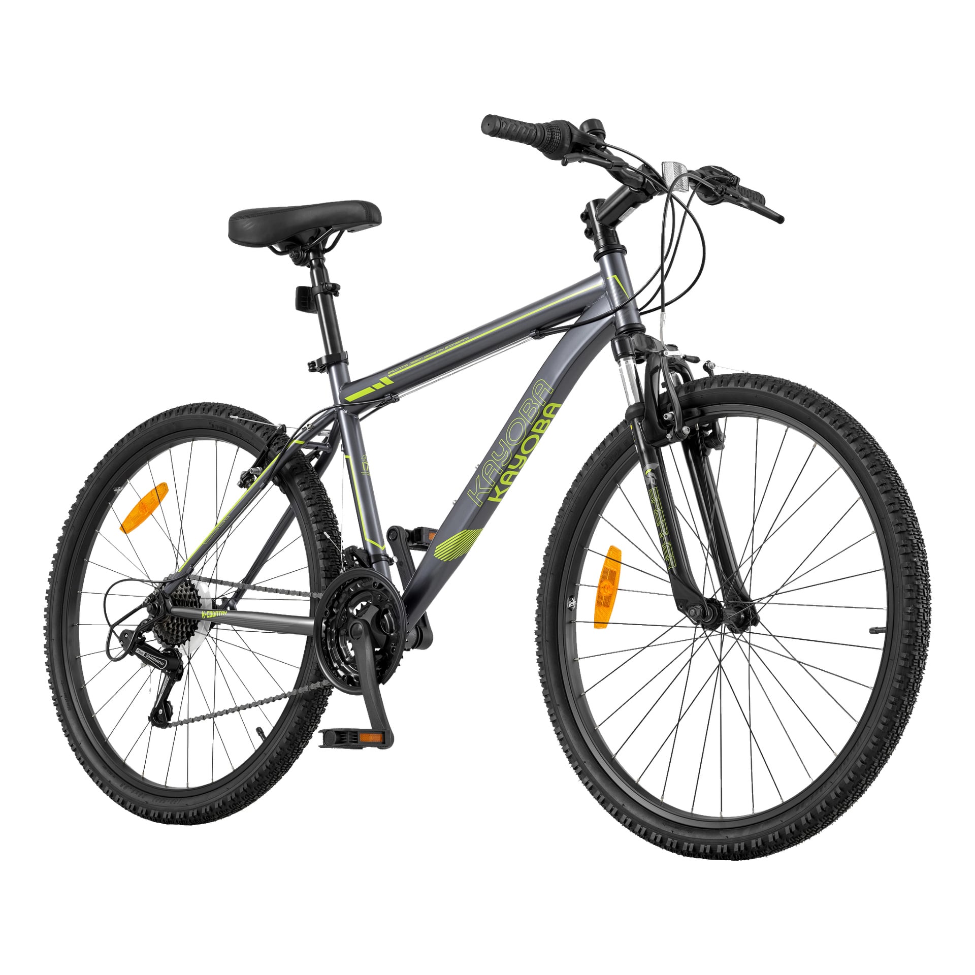 En grå och grön Kayoba Breaker 2.0 mountainbike med framfjädring, platt styr, svart sadel, knotiga däck, hjul- och pedalreflektorer, växelspakar, stödstöd och ramen med Kayoba.