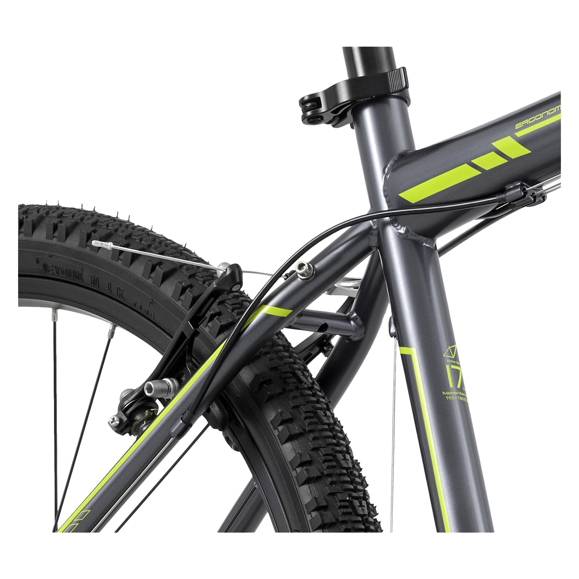 Närbild av bakdelen av en grå Kayoba Mountain bike Breaker 2.0 med neongröna detaljer, med fokus på sadelrör, däck, bromsmekanism och synlig kabeldragning. Cykelramen visar varumärket Breaker 2.0.