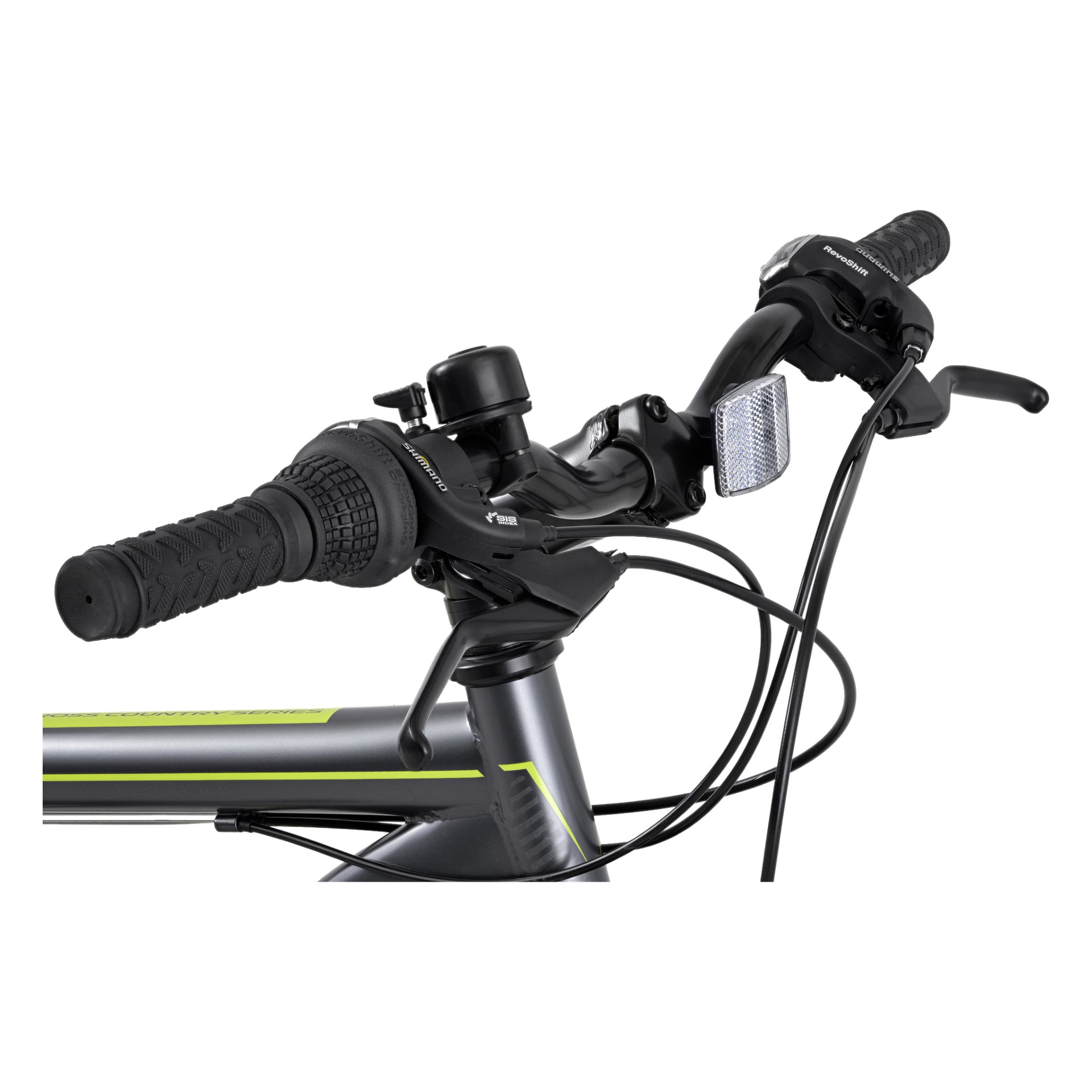 Närbild av Kayoba Mountain bike Breaker 2.0-styret med svarta gummigrepp, växelspakar, bromshandtag, en klocka, en vit reflektor och synliga styrkablar.