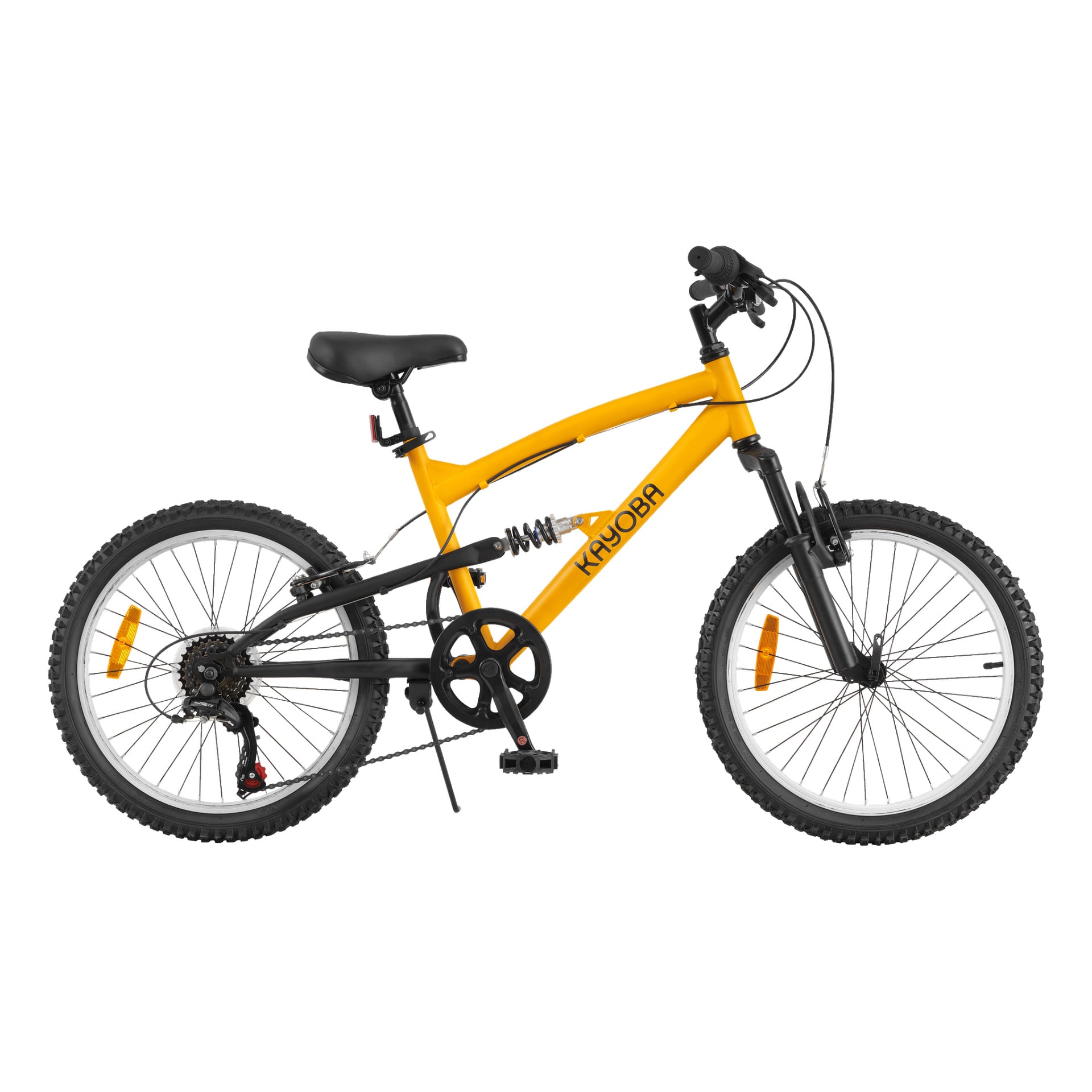 En gul och svart Kayoba mountainbike ses från sidan, med både fram- och bakfjädring, tjocka däck och märkesnamnet tydligt synligt på ramen.
