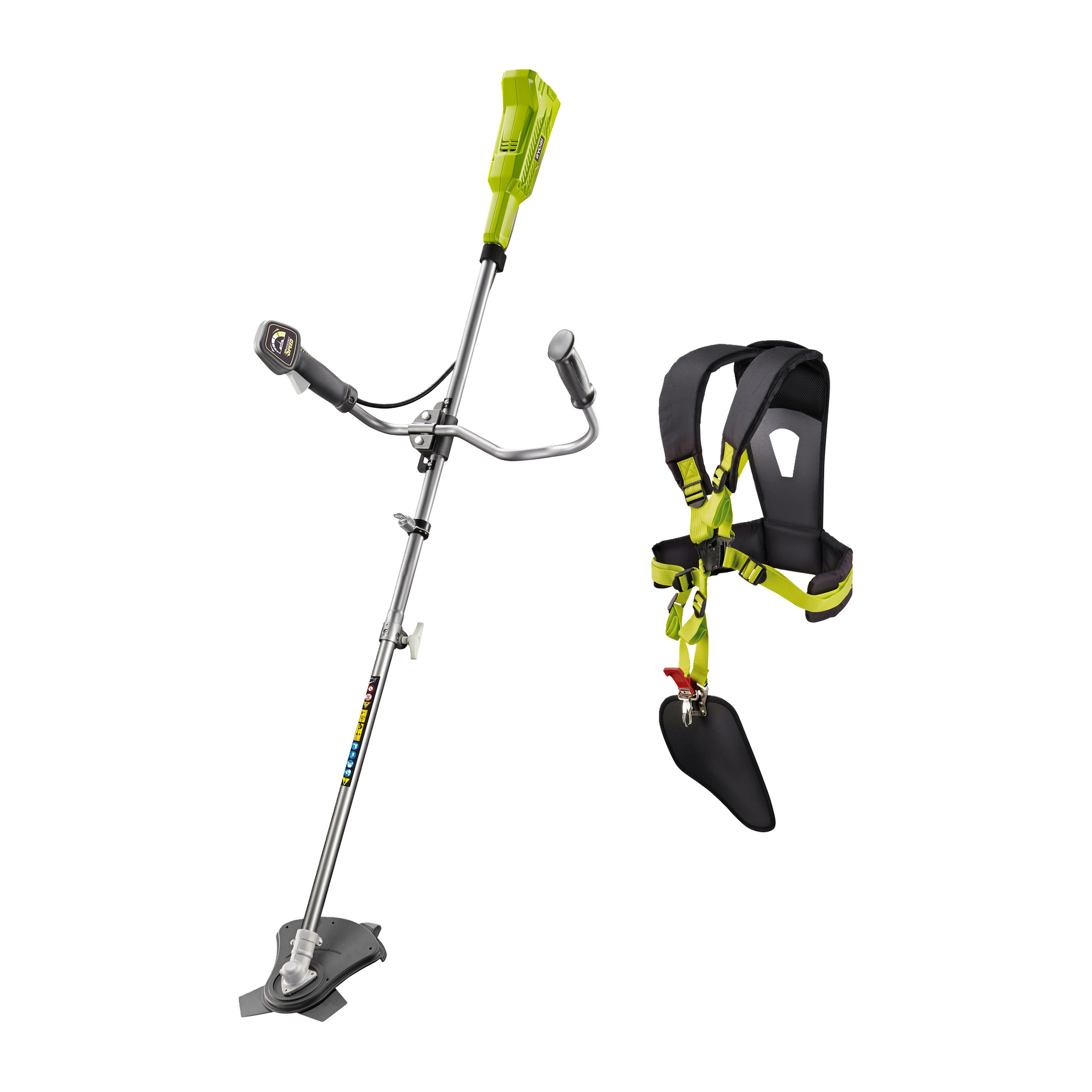 En grön och silverfärgad Ryobi One+ OBC1820B batteridriven borstskärare med böjt handtag står bredvid en svart- och grön vadderad axelsele för extra stöd.