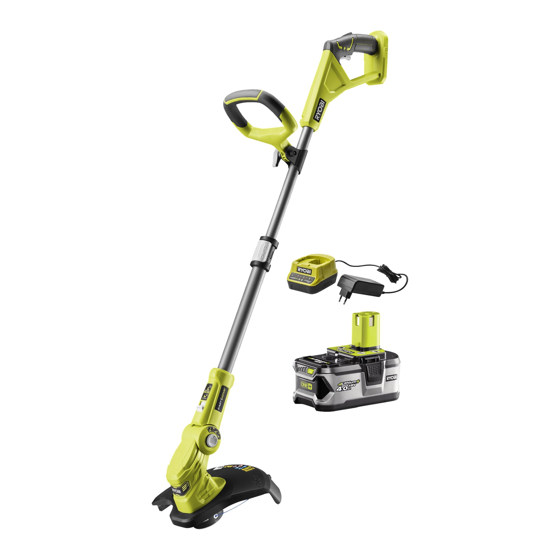 En gul och svart Ryobi One+ batteridriven grästrimmer RLT183240F står upprätt. Designen inkluderar ett justerbart handtag och ett avtagbart batteripaket. En batteriladdningsdocka och en strömadapter är placerade bredvid trimmern.