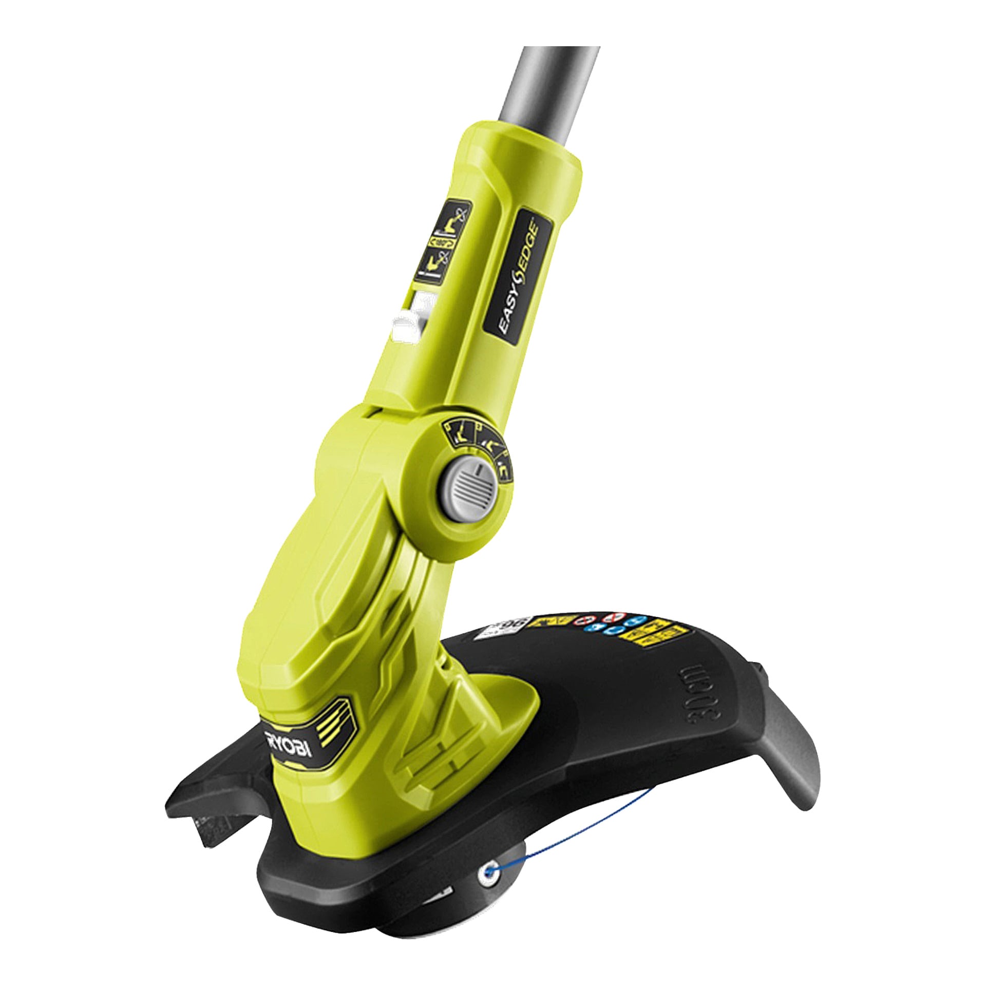 En närbild på en grön och svart Ryobi One+ batteridriven grästrimmer RLT183240F huvudet, som visar EASY EDGE-märkningen, justeringsknappen, säkerhetsklistermärken och den blå trimmerlinjen som sträcker sig från skärkanten.