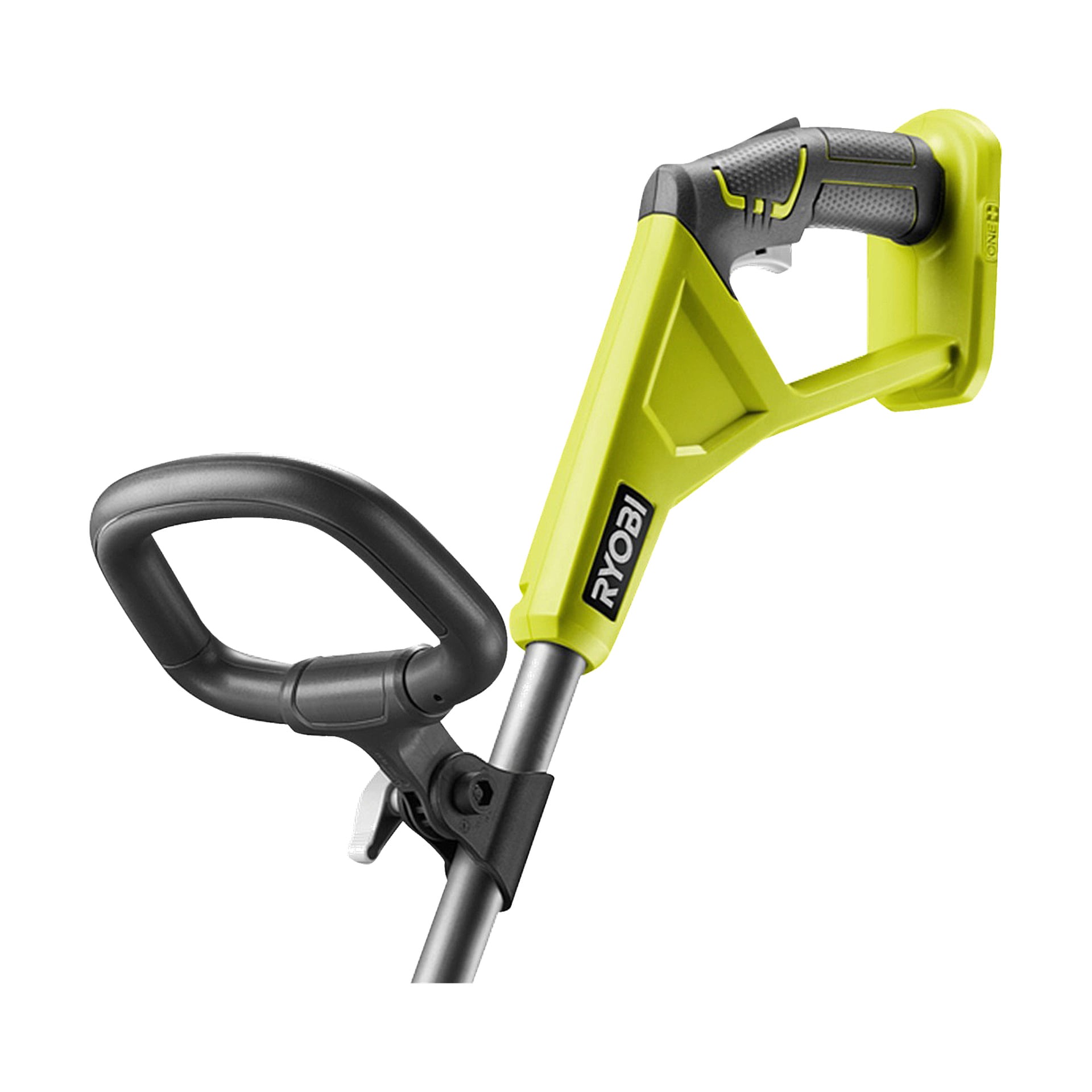 Detaljerad vy av handtagsområdet och den övre delen av en Ryobi One+ batteridriven grästrimmer RLT183240F, med dess grå och livfulla gula design, bakre handgrepp och justerbart sekundärhandtag.