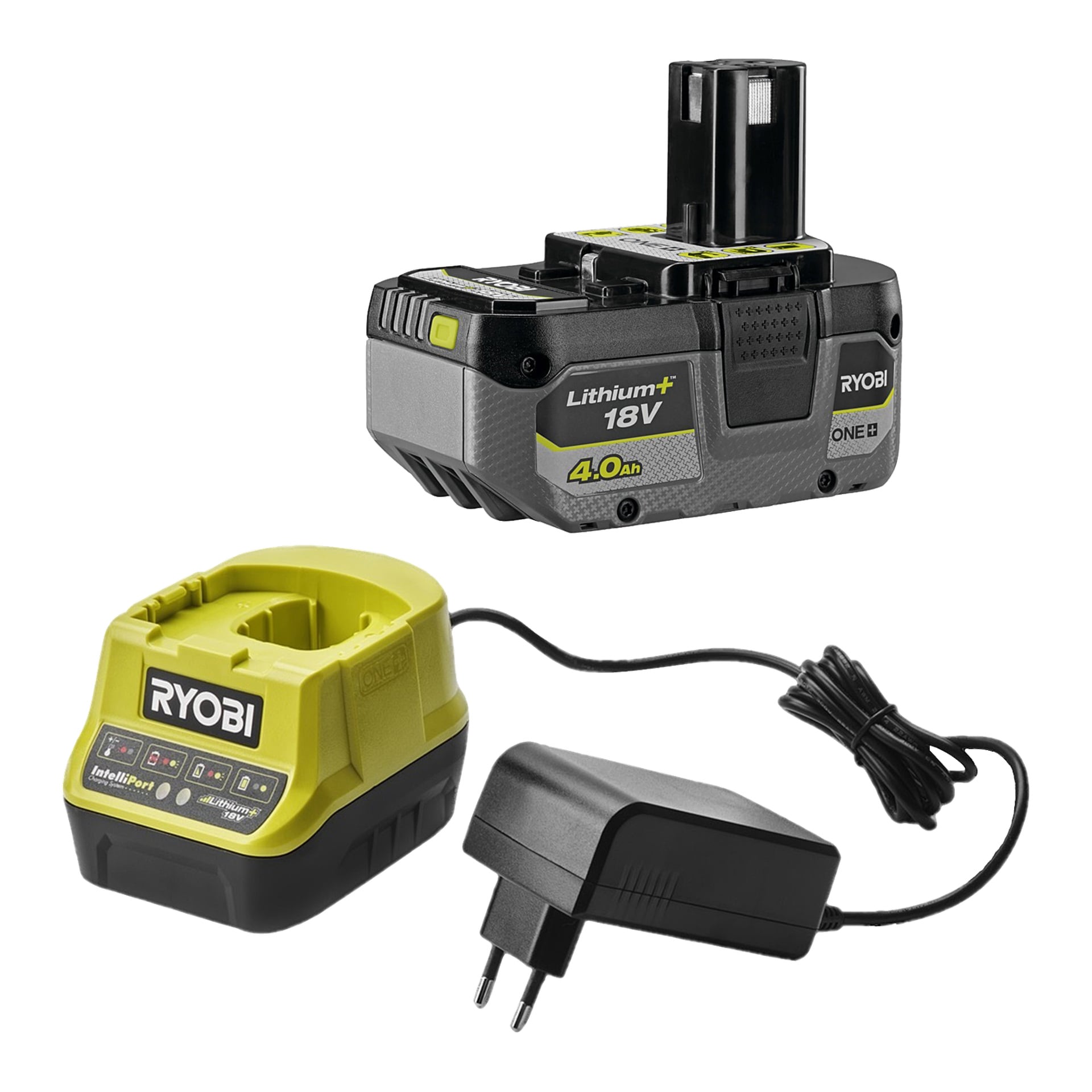 Ryobi One+ Batteridrivna grästrimmer RLT183240F visas tillsammans med ett 18V litiumjonbatteri, en gul laddare med indikatorlampor och en svart strömadapter med tvåstiftskontakt.