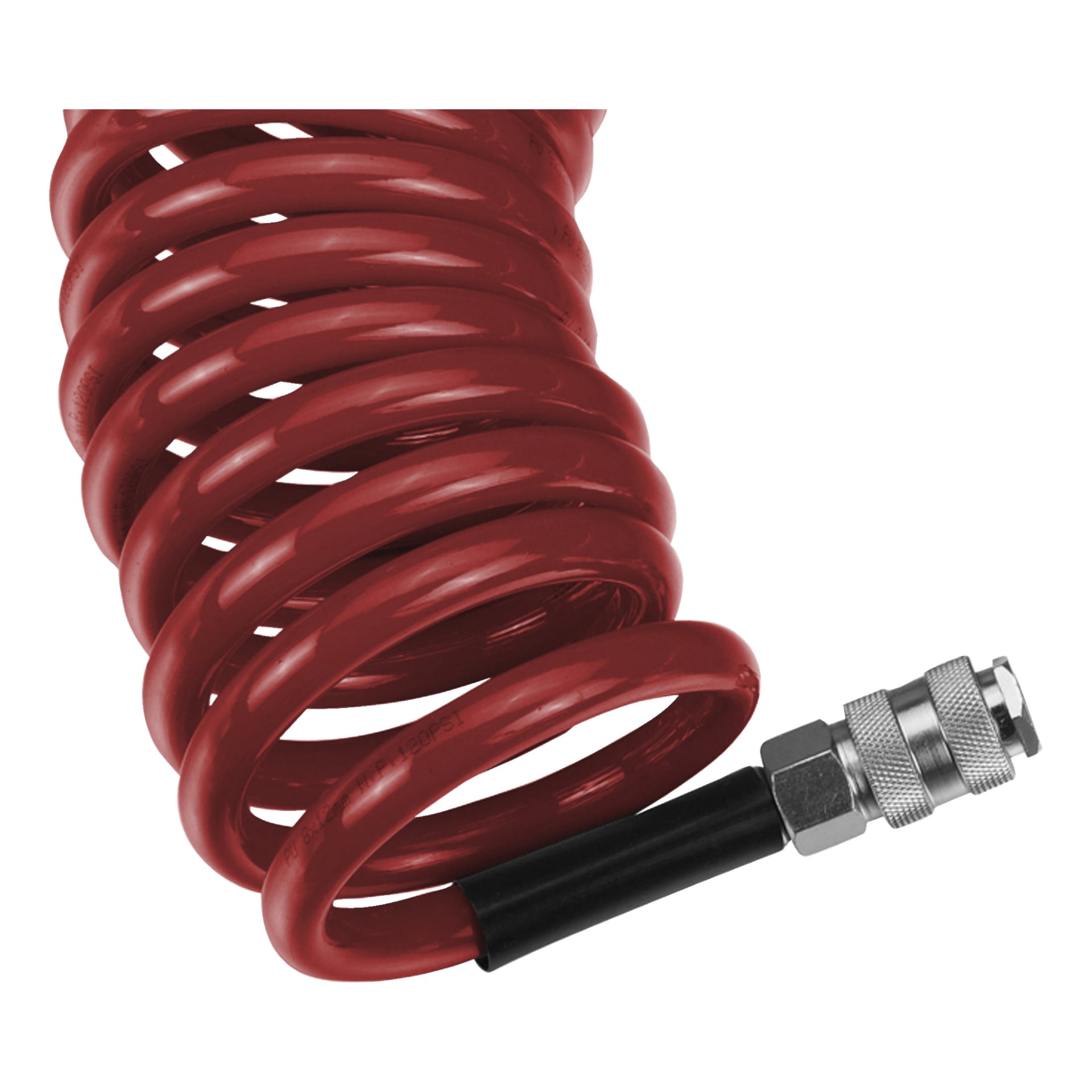 Närbild av Meec Tools Spiral-slang, som visar dess röda spiralkropp och en silver- och svart kontakt i ena änden.