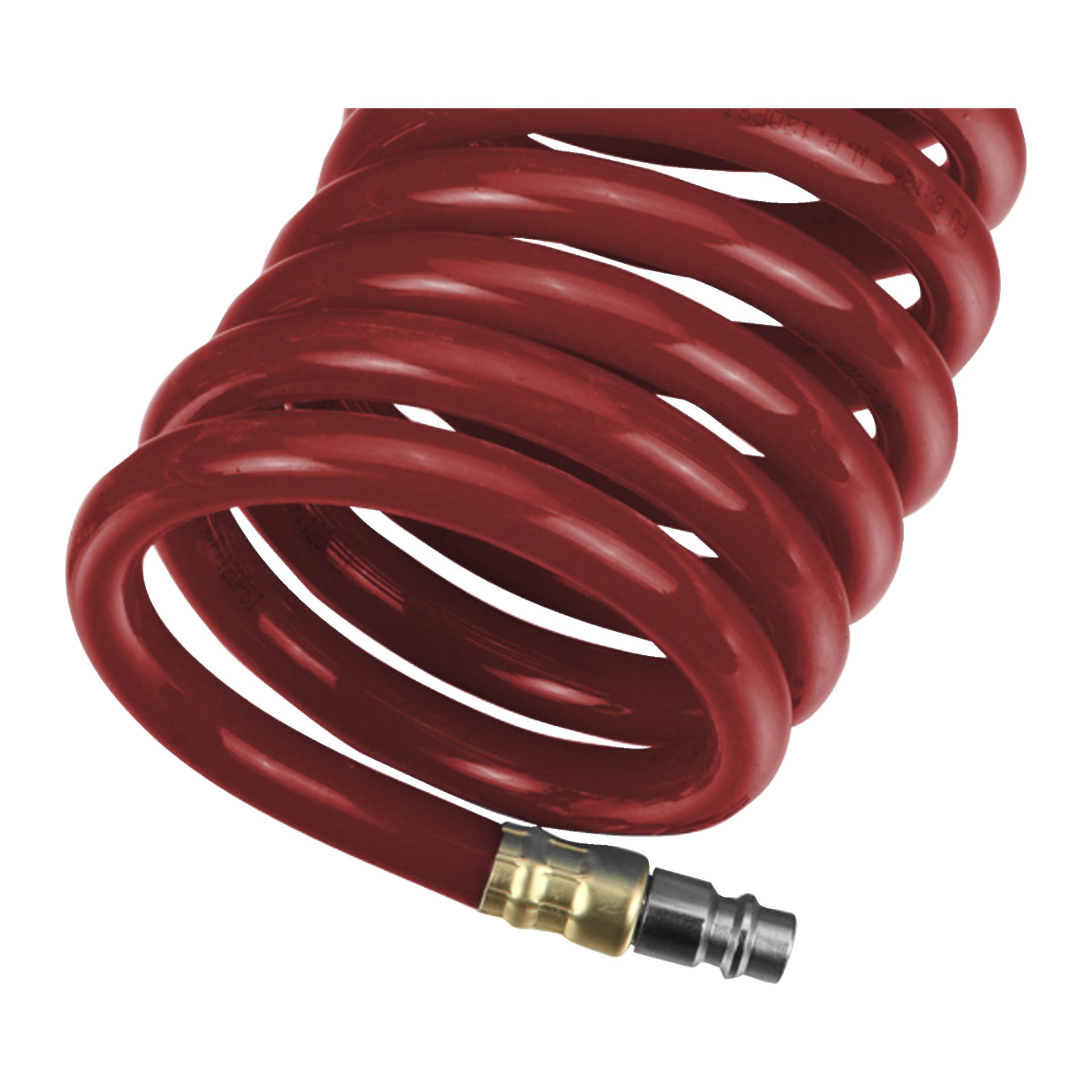 En närbild på Meec Tools Spiral-slang med en röd spiralkropp och en metallkontakt i änden.