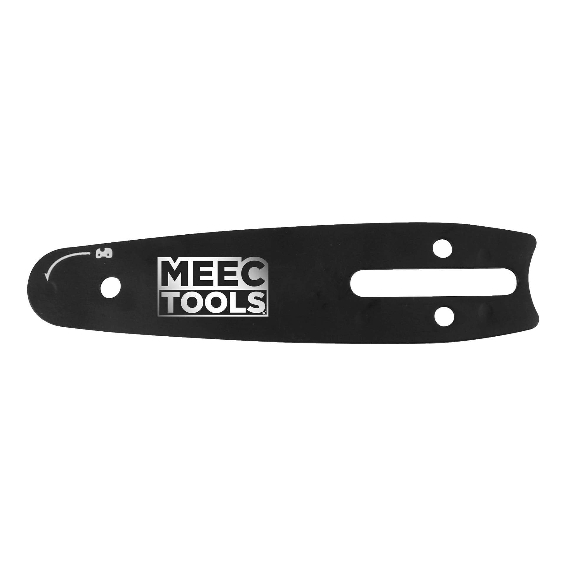 En svart metallsågstång designad för handhållna motorsågar av Meec Tools, med tre hål, en lång central springa, en pilikon och Meec Tools-logotypen i vitt till vänster.