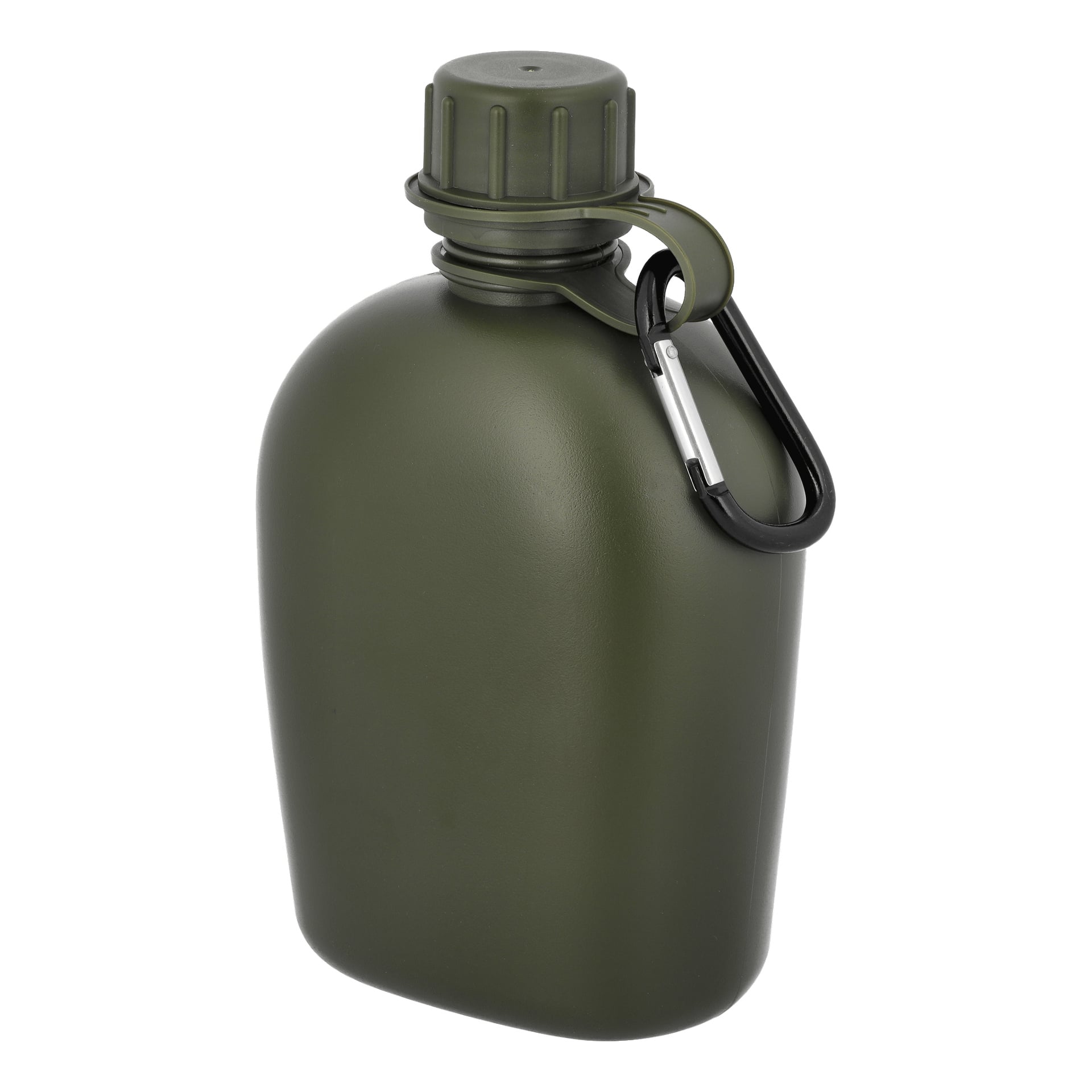 En Kayoba Outdoor Canteen med en grön militärinspirerad plastkropp, skruvlock och svart metallkarbinhake fäst vid halsen står upprätt.