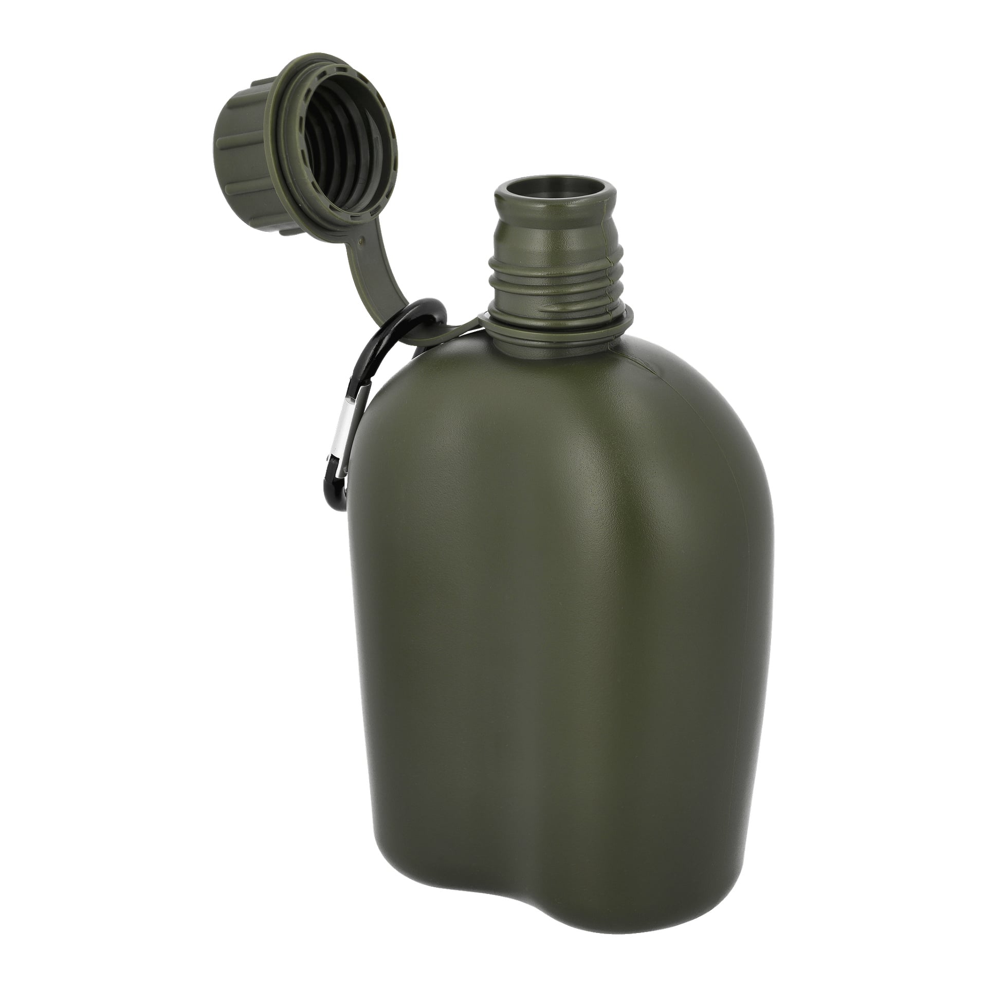 En grön Kayoba Outdoor Canteen med ett militärinspirerat utseende, inklusive en bred öppning och en skruvlock kopplad till flaskan med en plastslinga. Locket är av och placerat bredvid fältflaskan.