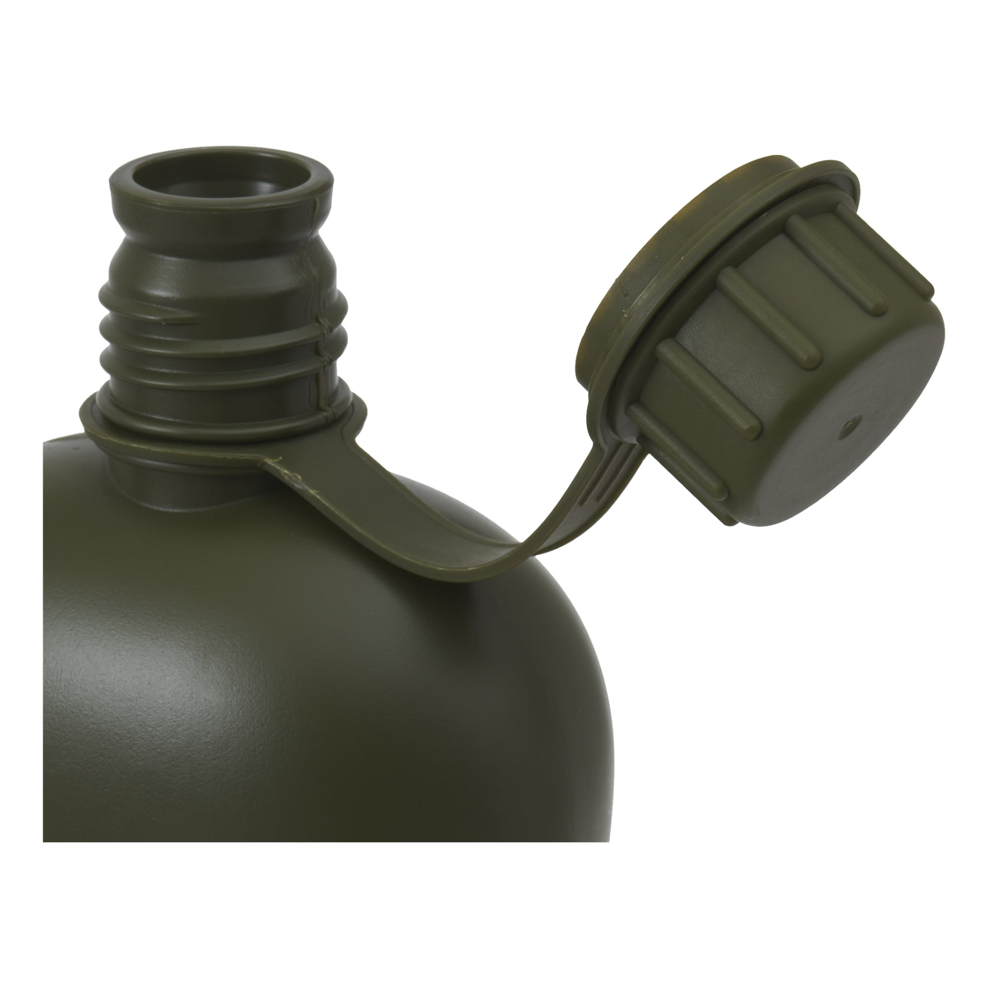 Närbild av Kayoba Outdoor Canteen, som visar en grön, militärinspirerad plastflaska med öppen lock fäst med en rem och den gängade halsen synlig.