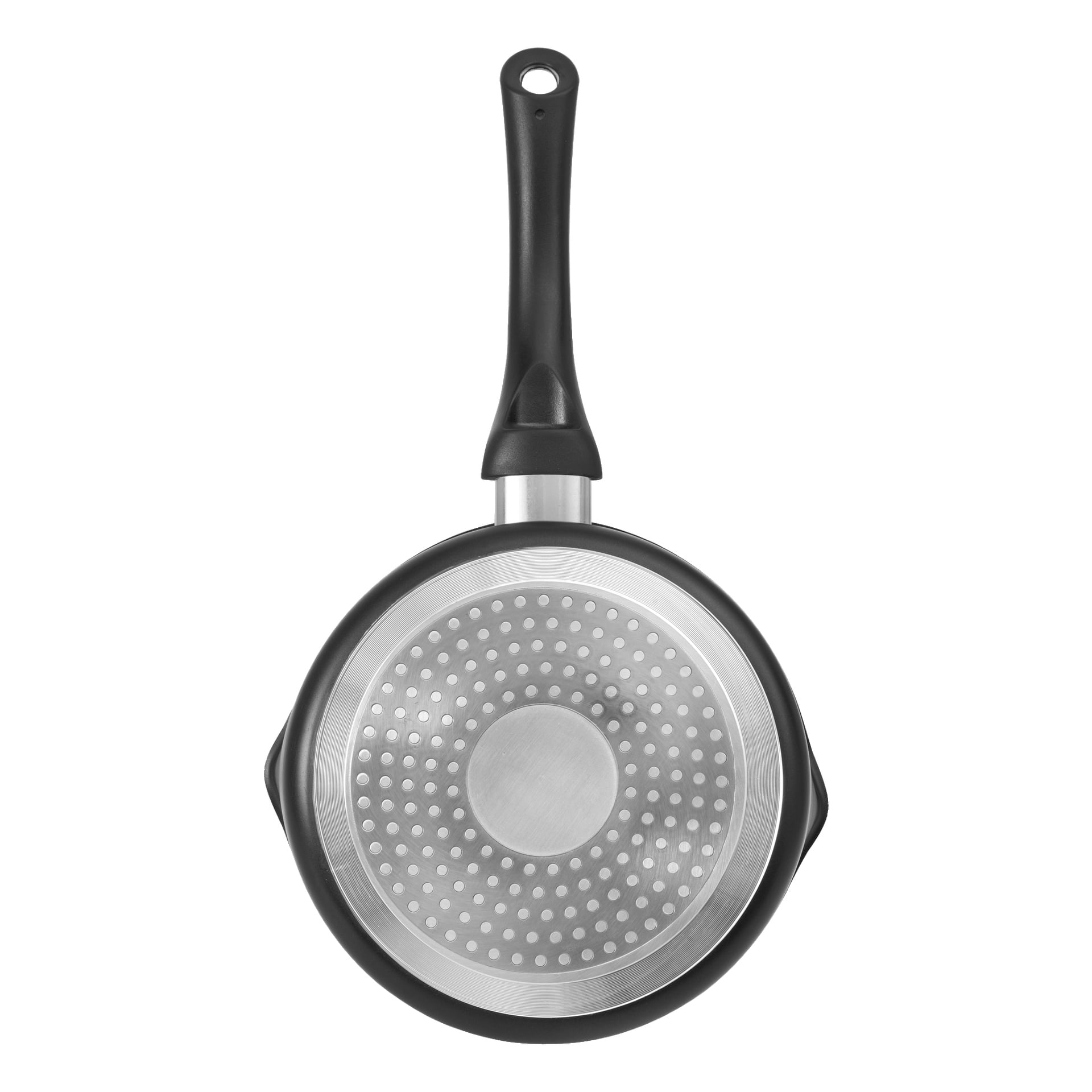 En Menuett-kjele er fotografert ovenfra, og avslører dens metallbunn med prikket design og et svart håndtak som strekker seg oppover.