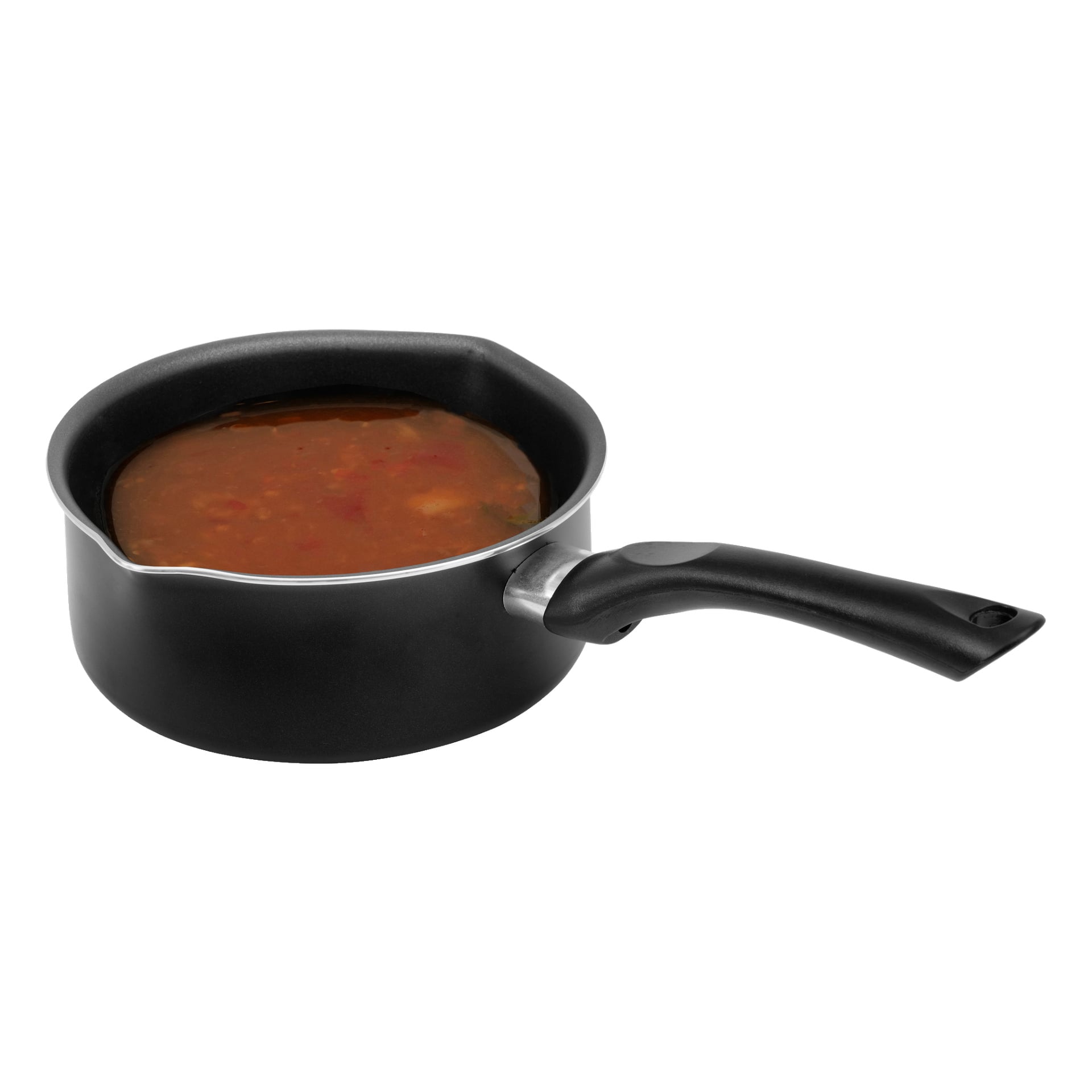 Menuett-kjelen, svart med et langt buet håndtak og en helletut, er fylt med tykk rødbrun suppe eller gryterett.