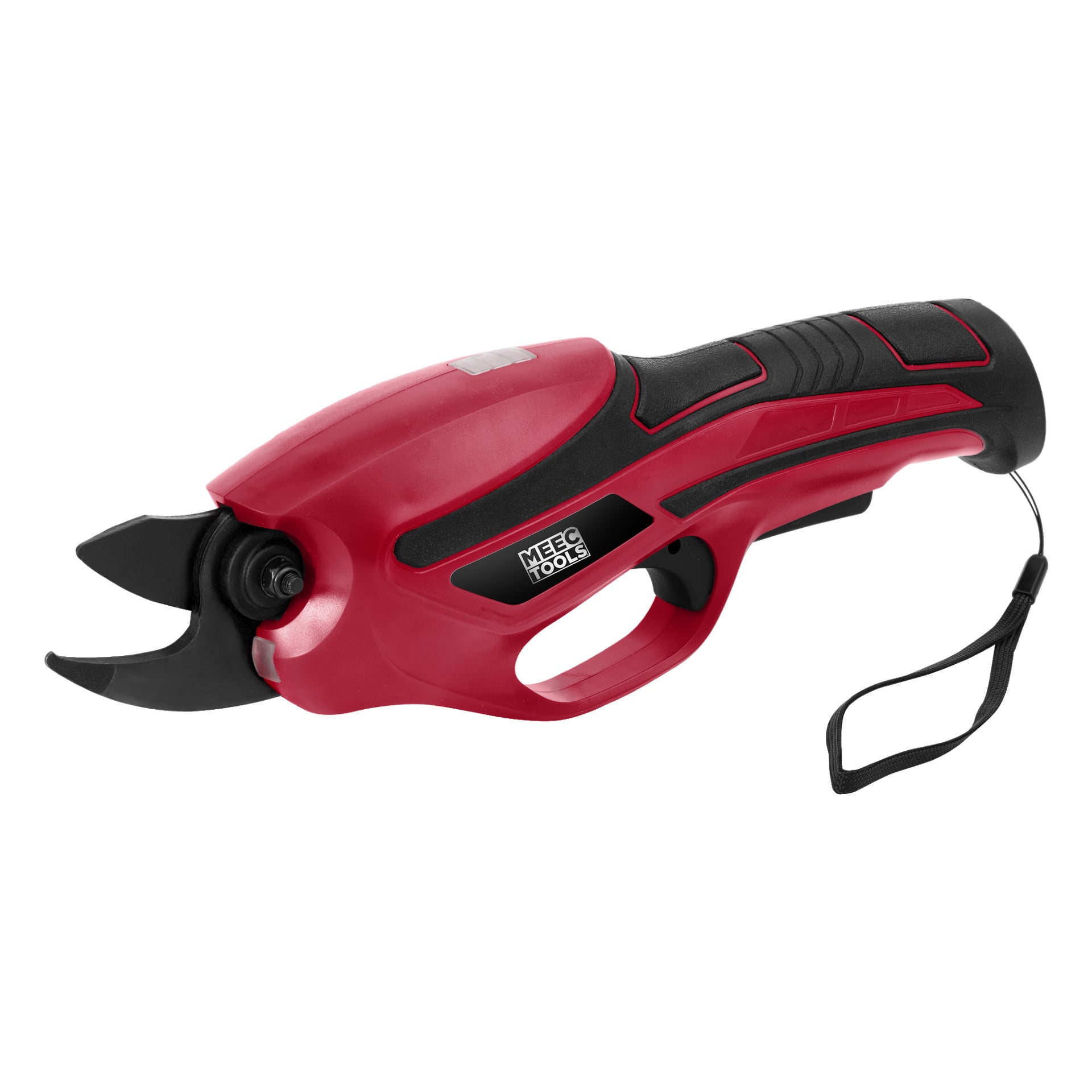 Röda och svarta batteridrivna sekatörer från Meec Tools med ergonomiskt handtag, svart avtryckare, handledsrem och en synlig logotyp märkt Meec Tools.