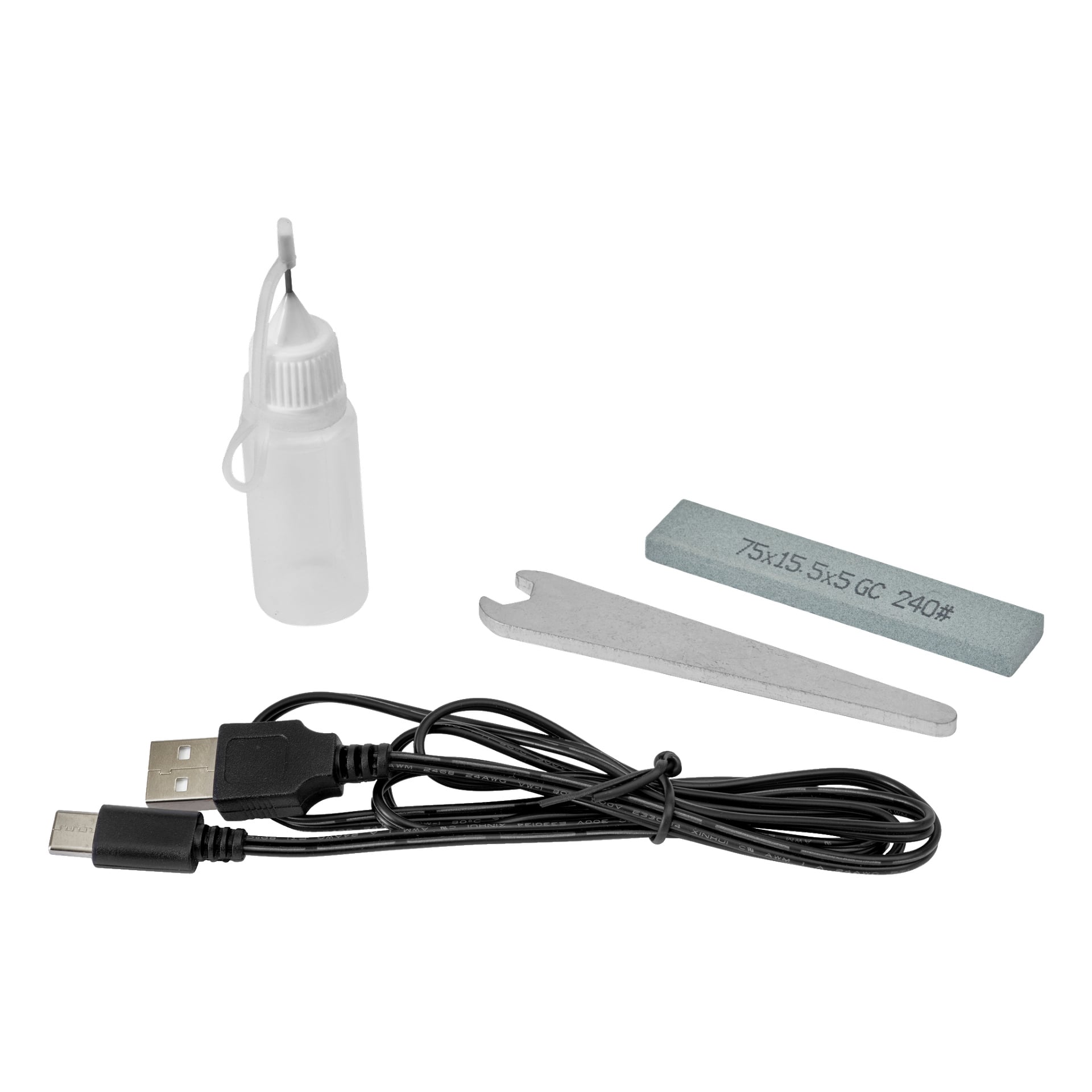 Meec Tools batteridrivna sekatörer, en liten klämflaska, en 75x15,5x5 GC 240# slipsten, en platt metallnyckel och en USB-A till USB-C-kabel.