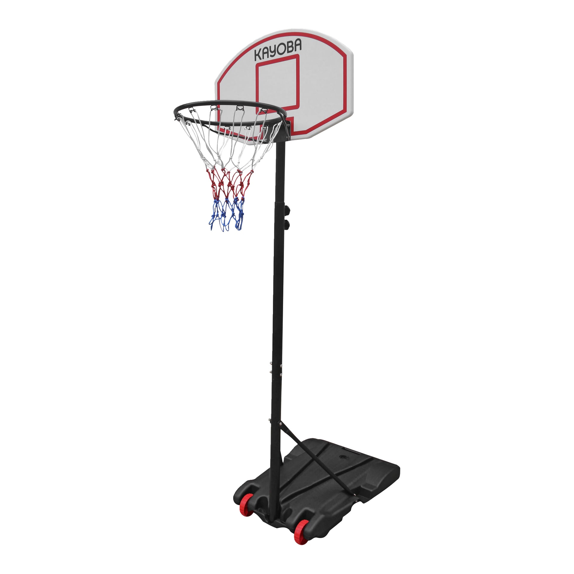 En Kayoba basketkorg på ett stativ, med en vit ryggplatta med varumärket högst upp, ett rött och blått nät fäst vid kanten och stödd av en svart stång placerad i en hjulförsedd svart bas.