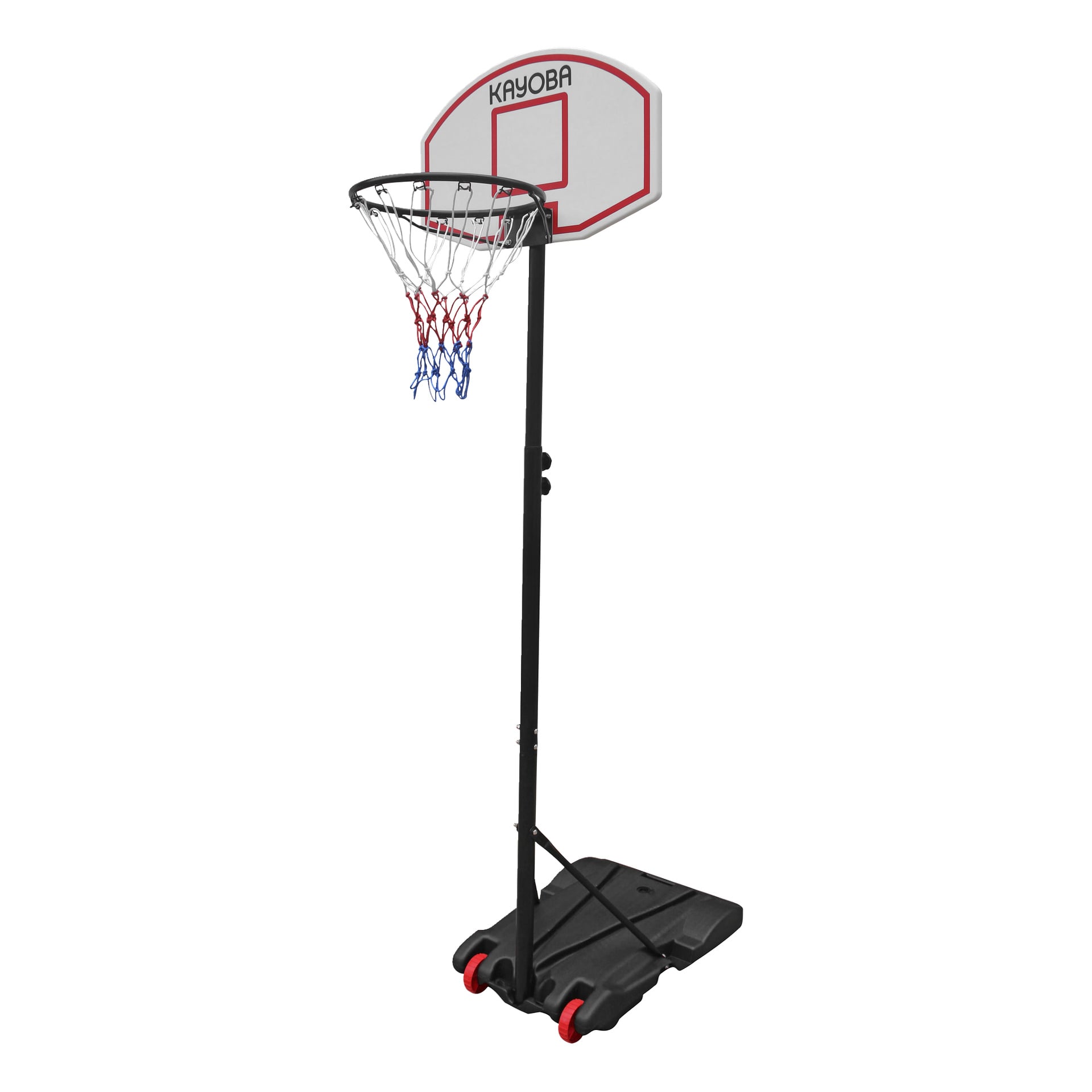 Kayoba basketkorg med en vit baksida med Kayoba-logotypen, rött och blått nät, en stadig svart stång och en bas med hjul för portabilitet. Lämplig för utomhusanvändning.
