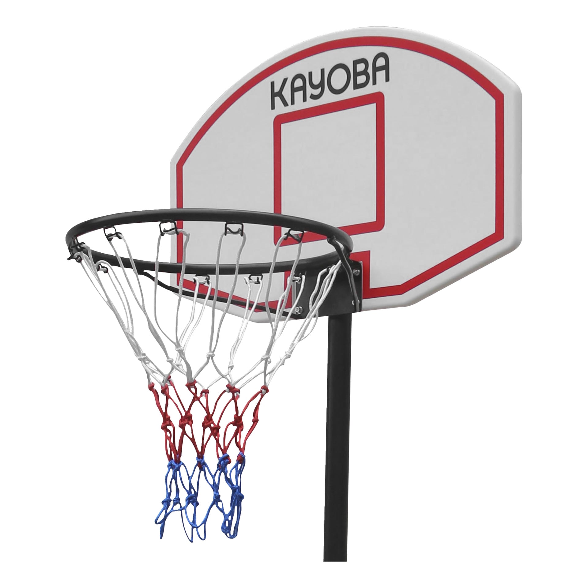 Närbild på en Kayoba-basketkorg på ett stativ, med en vit baktavla med röd kontur och Kayoba-loggan högst upp. Nätet är randigt i vitt, rött och blått, och fästs vid en svart stång.