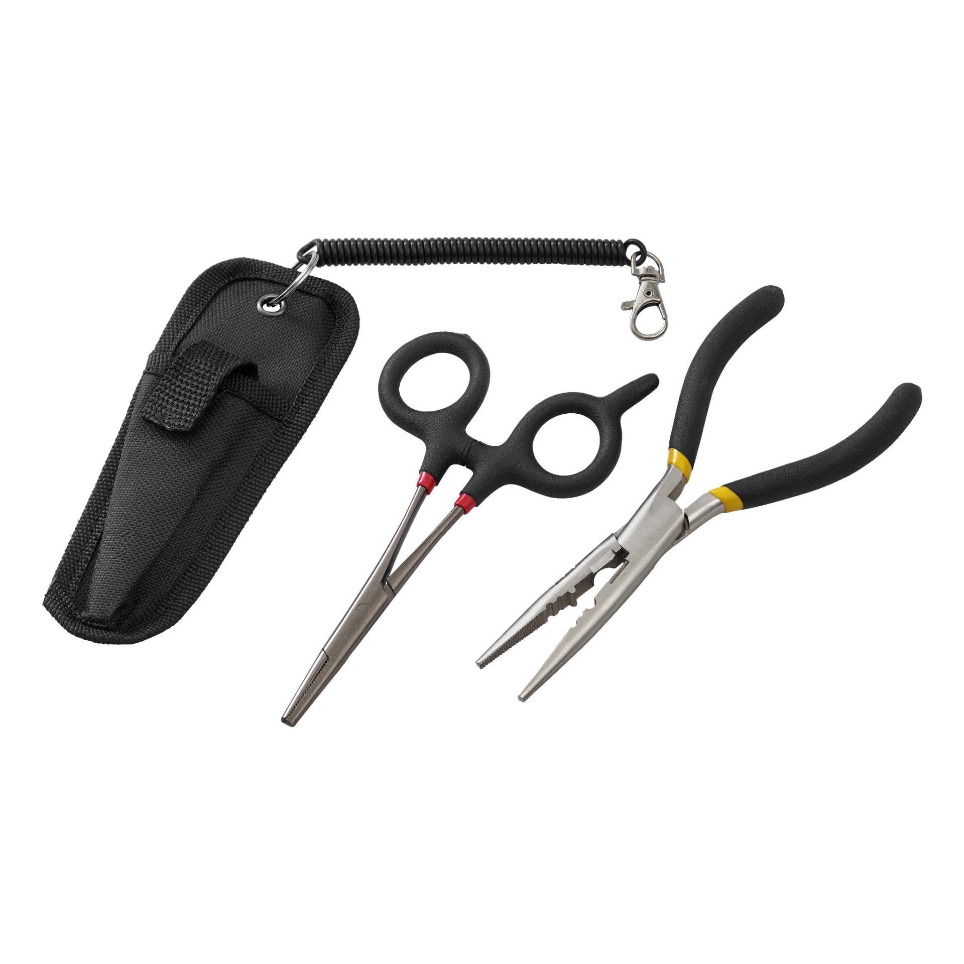 Kayoba Fishing Pliers Set består av två delar: en svart verktygspåse med rem, fiskepincetter med fingerhål och nåltång med svarta handtag.
