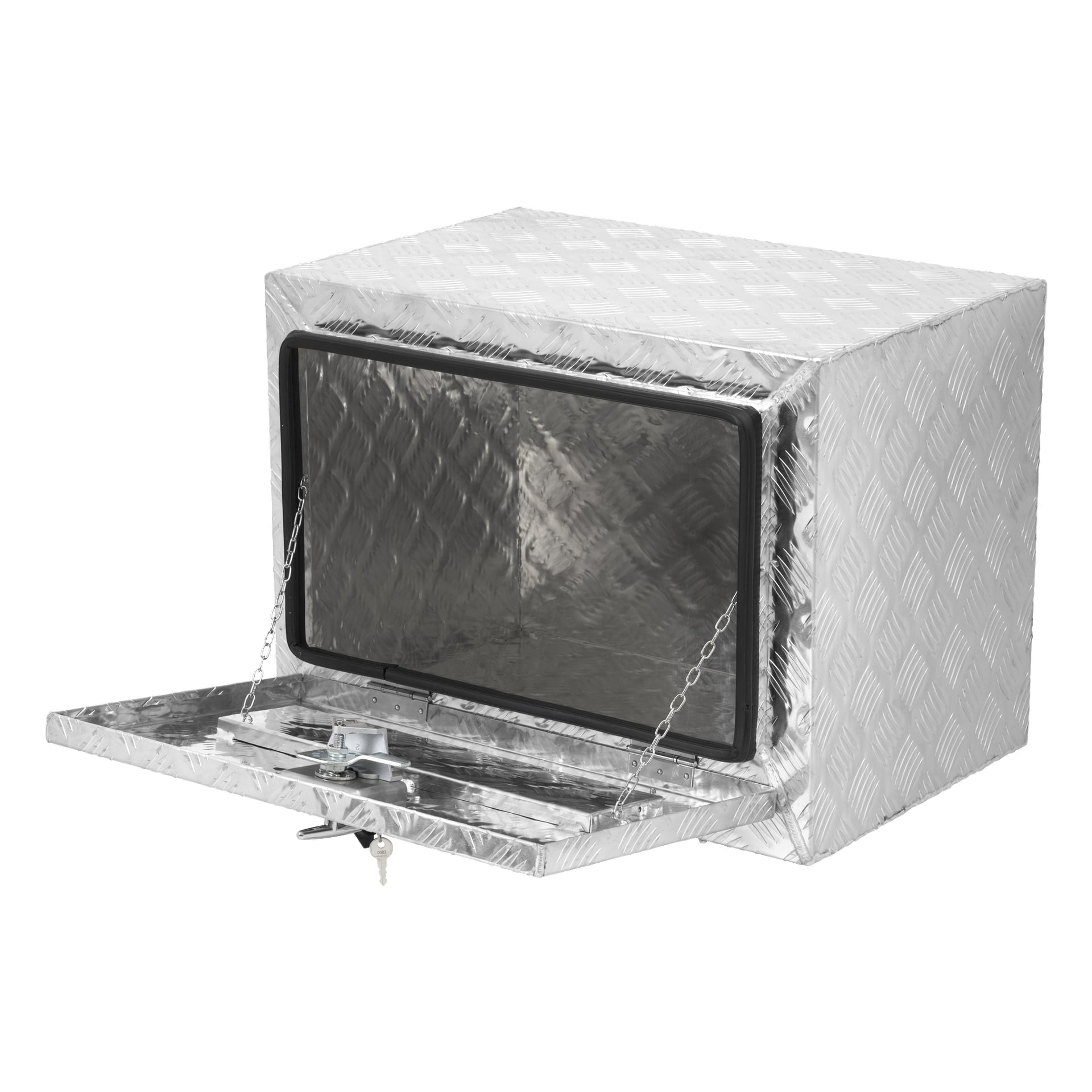 Hard Head Aluminium-lådan har en diamantplatta och en ytterdörr som öppnas på gångjärn, hålls fast av två kedjor. Den är utrustad med lås och inkluderar nycklar. Metalllådan visas som tom.