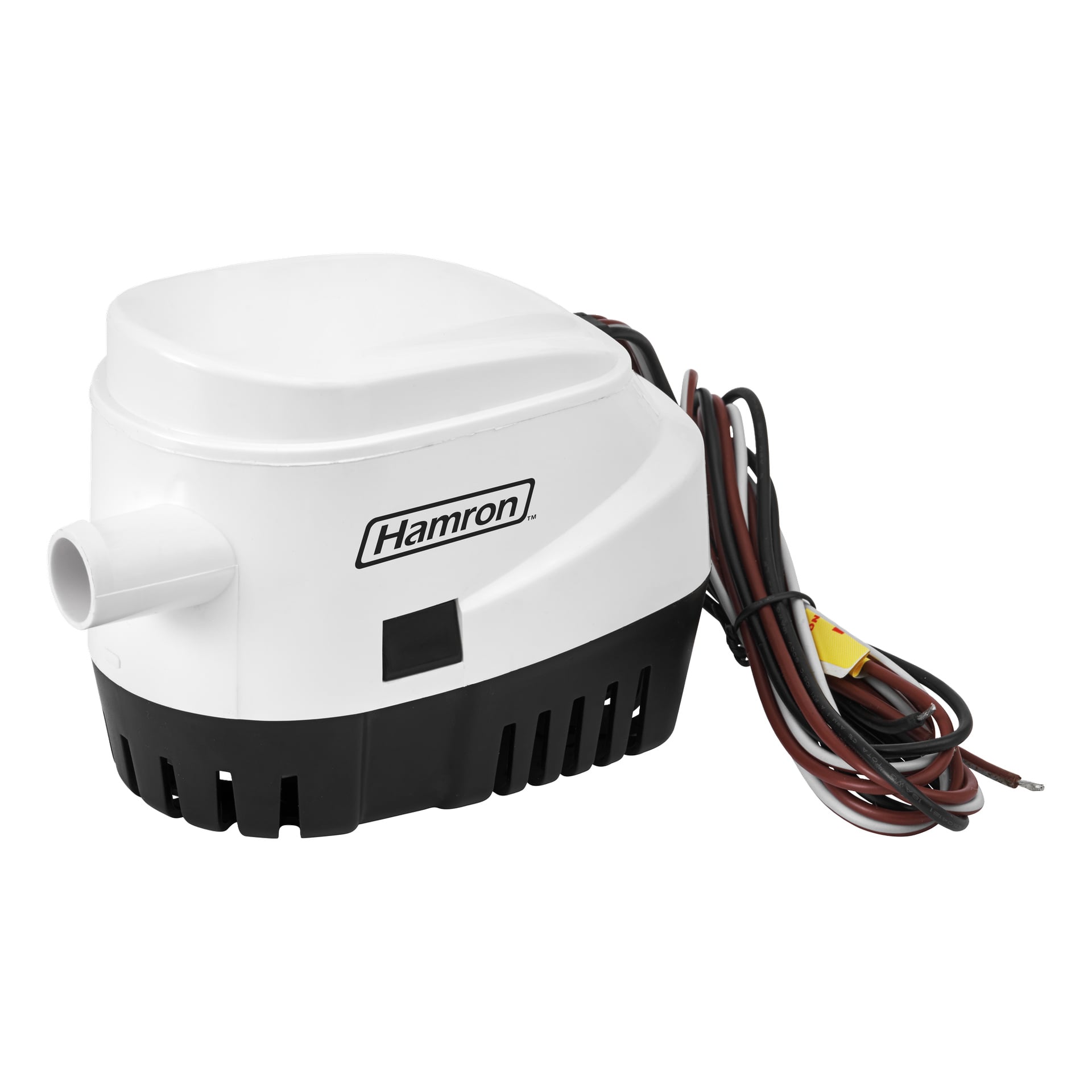En Hamron elektrisk pump i vitt och svart med ett sidomunstycke, anslutna strömkablar och en kompakt design med ventilerad bas.