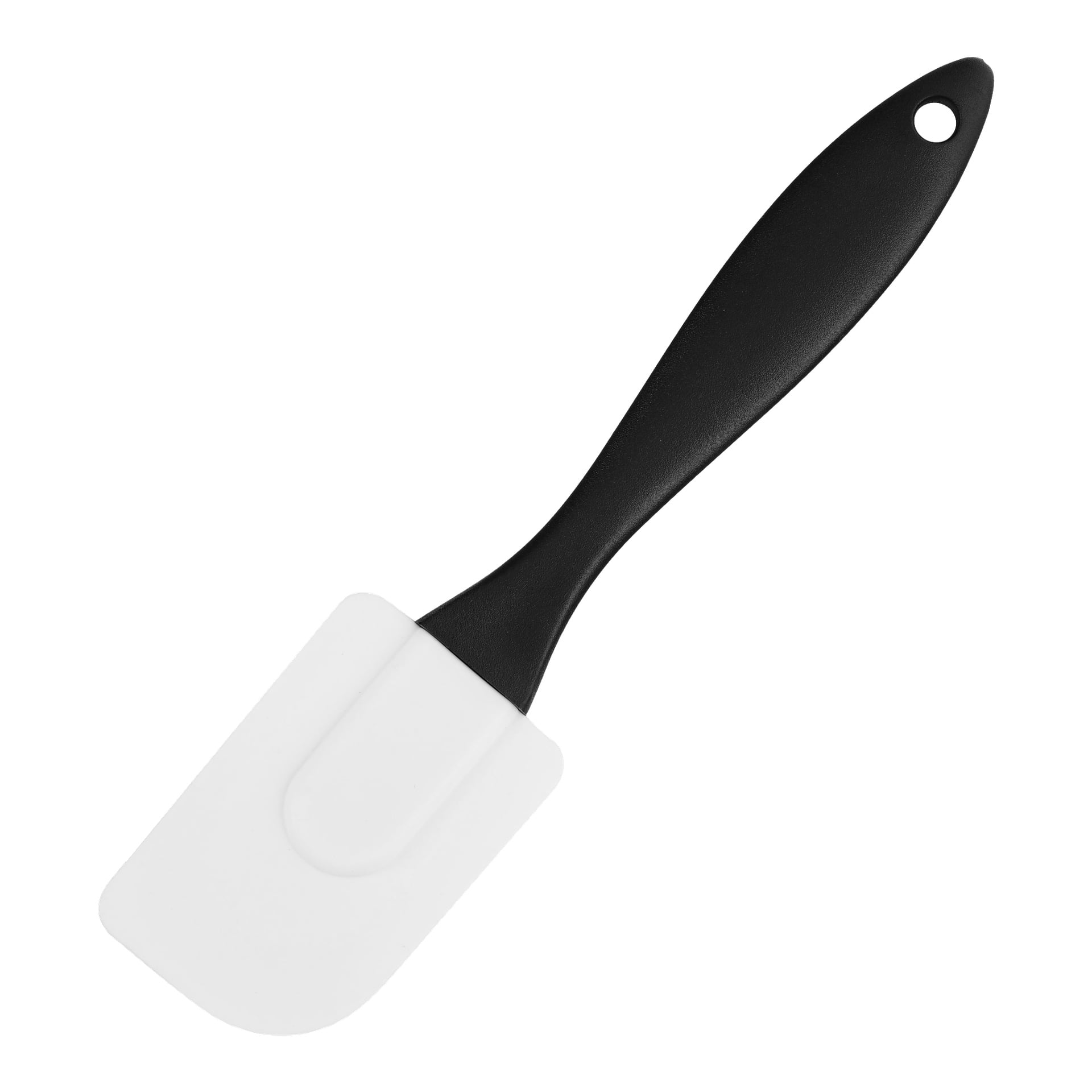 Menuett Spatula har ett vitt silikonblad och en platt, robust design som kompletteras av ett svart handtag med ett litet hål i änden för enkel upphängning.