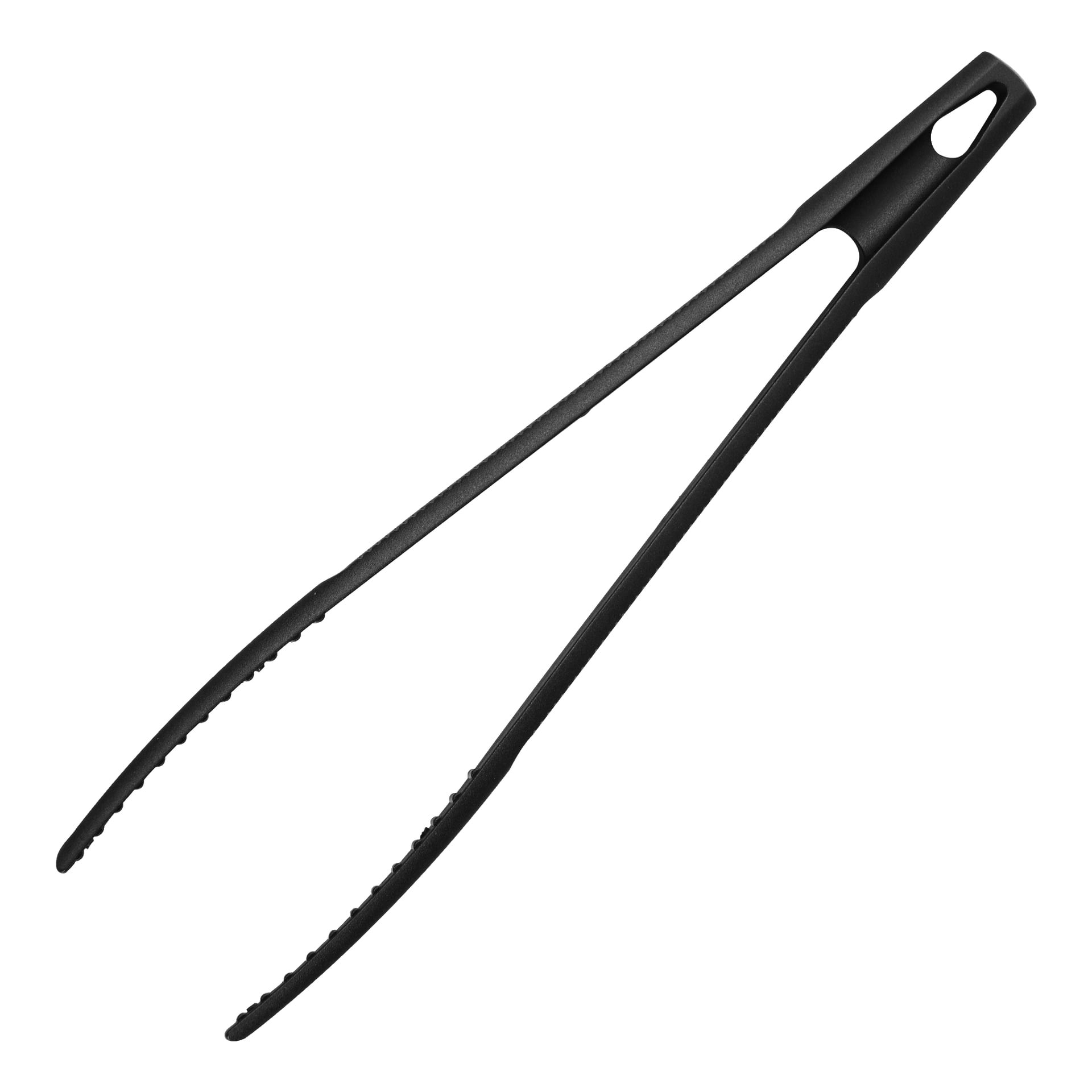 En svart plast Menuett Frying Pincette med tandade greppkanter och ett hål i slutet av handtaget.