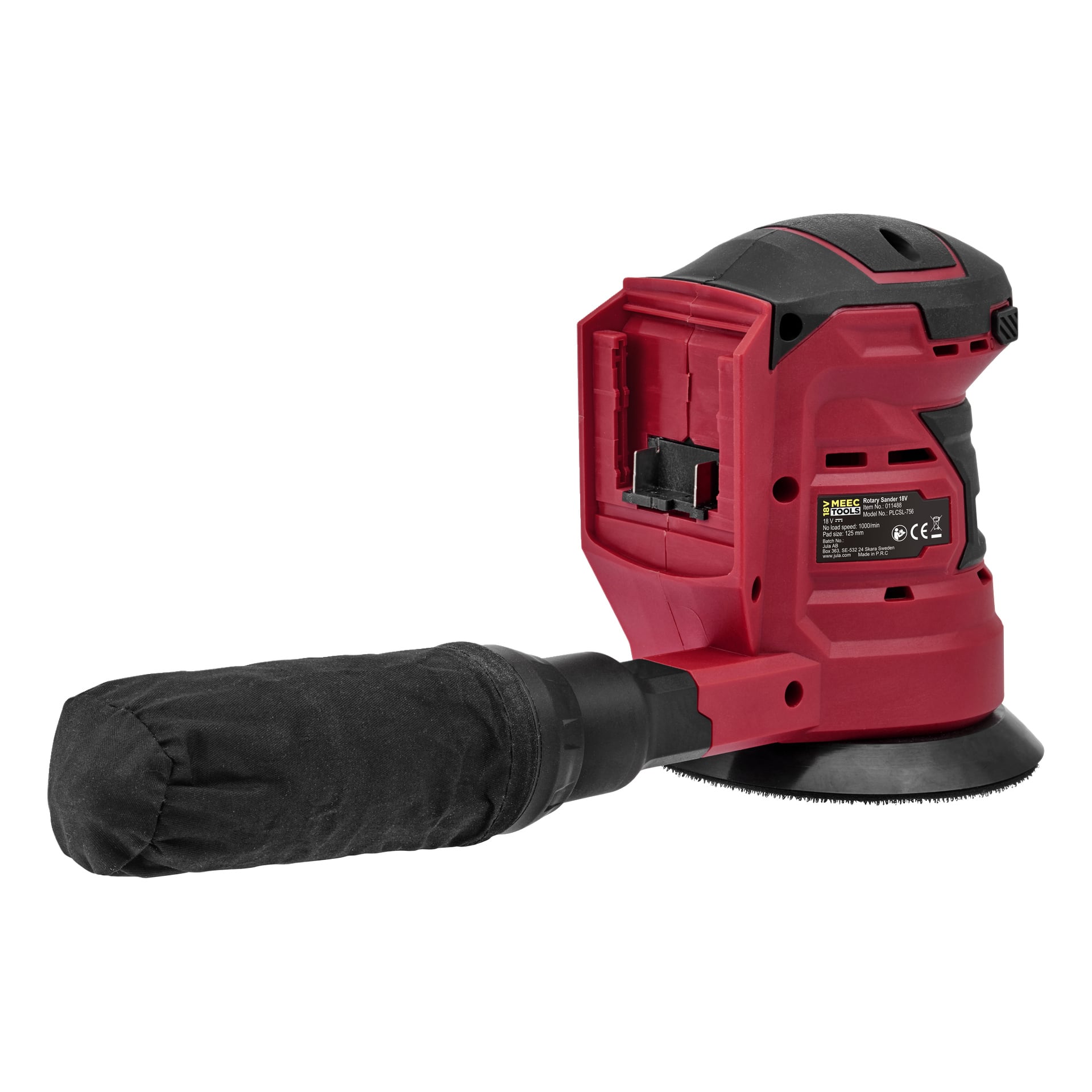 Meec Tools Multiseries Eccentric slipmaskin OS-18V HOME 500 visas med sin karakteristiska röda och svarta design, komplett med en dammuppsamlingspåse fäst bak, som framhäver sido- och bakdetaljer.