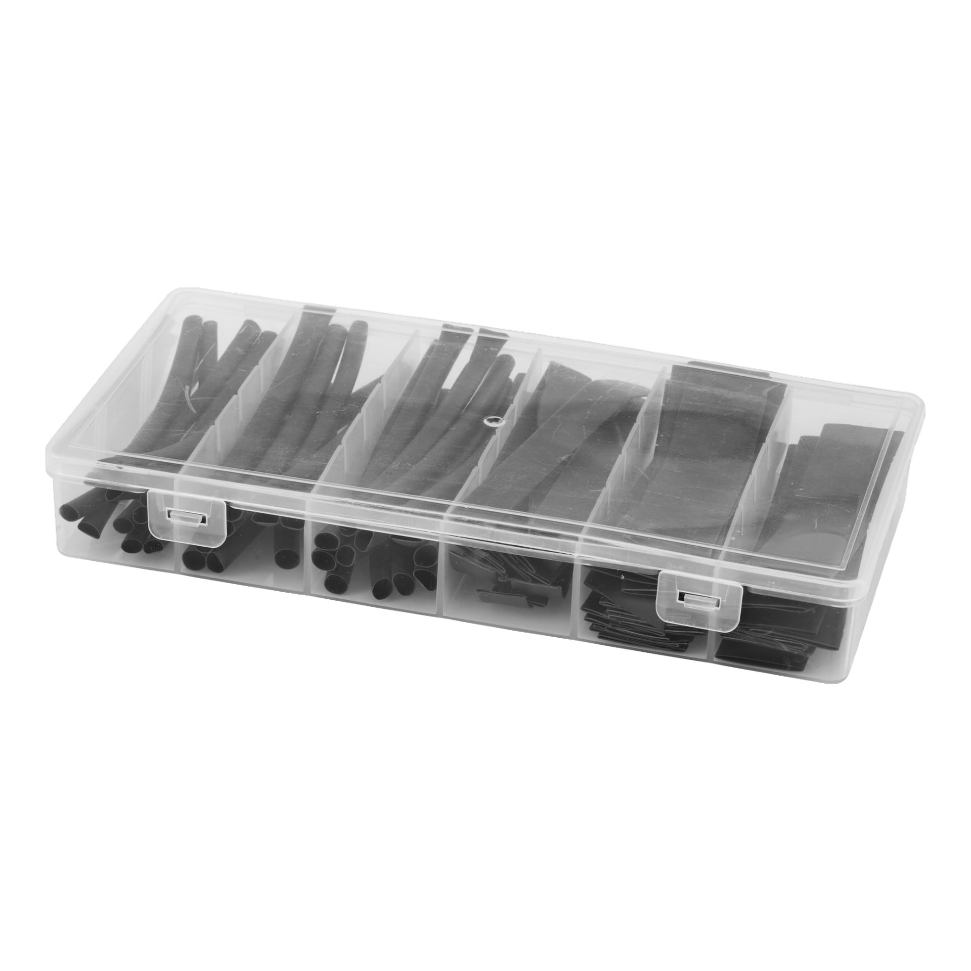 Anslut Värmekrymprör 80-pack med olika svarta rör i olika storlekar, arrangerade i individuella fack inuti en genomskinlig plastlåda.