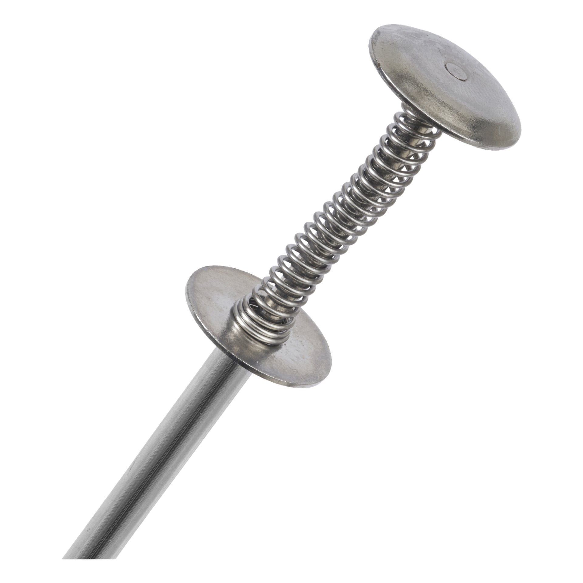 En närbild på Meec Tools Versatile stötfångarspik, ett metallverktyg med fjädermekanism och bred rund tryckknapp och en platt cirkulär fläns, designad för att hämta små föremål från svåråtkomliga områden. Verktyget visas i en vinkel.