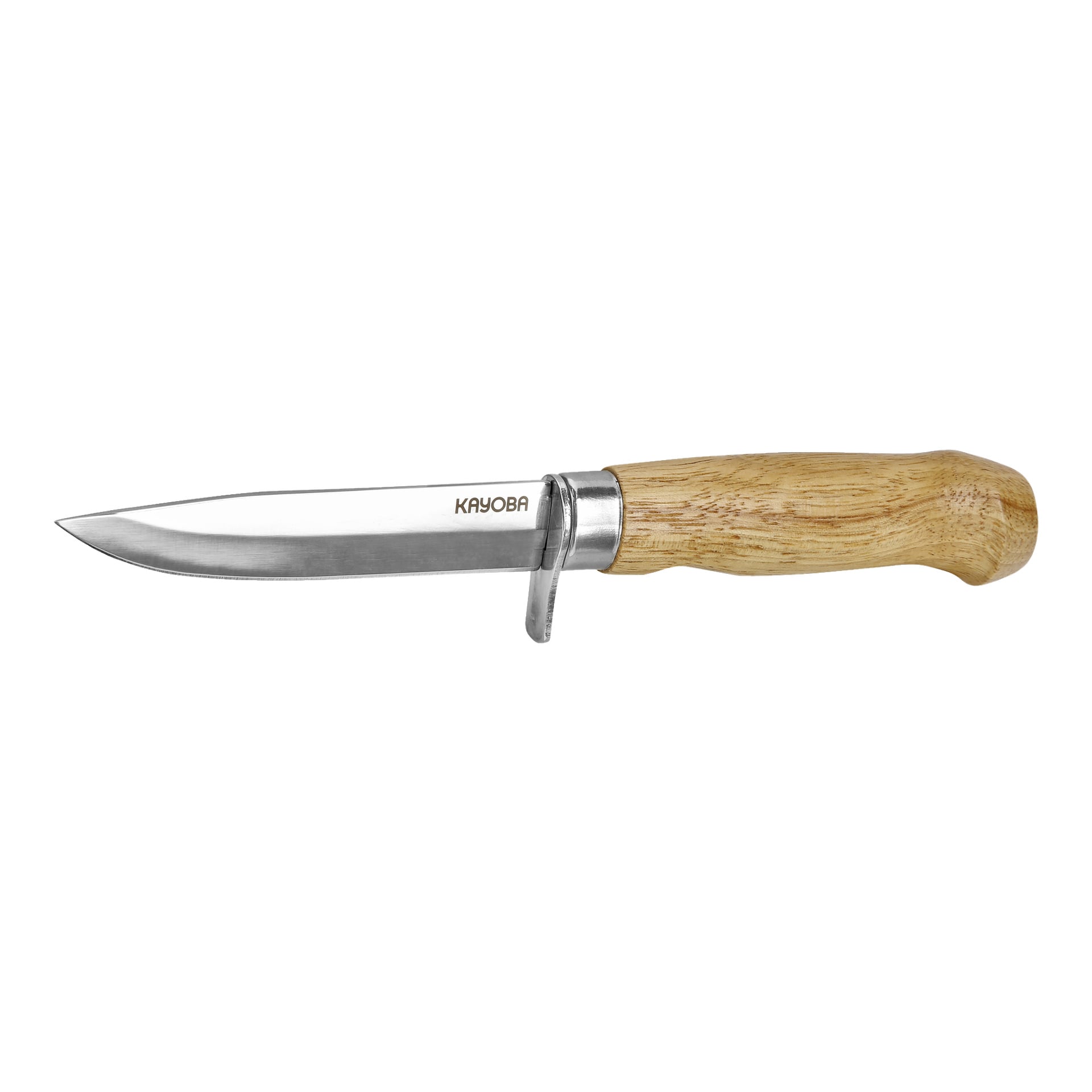 En Kayoba Scout-kniv med ett polerat metallblad och ett lätt, slätt trähandtag. Bladet har ordet "Kayoba" ingraverat nära handtaget.