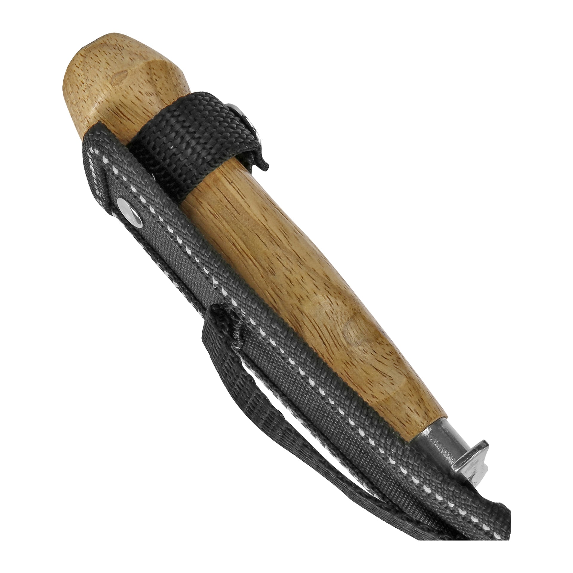 En Kayoba Scout-kniv med ett trähandtag vilar delvis inuti ett svart tyghölje med tydliga sömmar och en knappknapp. Knivens spets förblir dold.