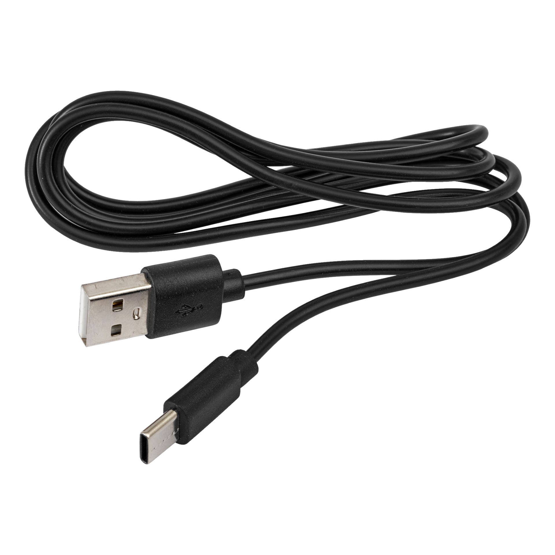Anslut Battery-drivna arbetslampa lyser upp, dess svarta USB-kabel med USB-A- och USB-C-kontakter löst lindade bredvid.