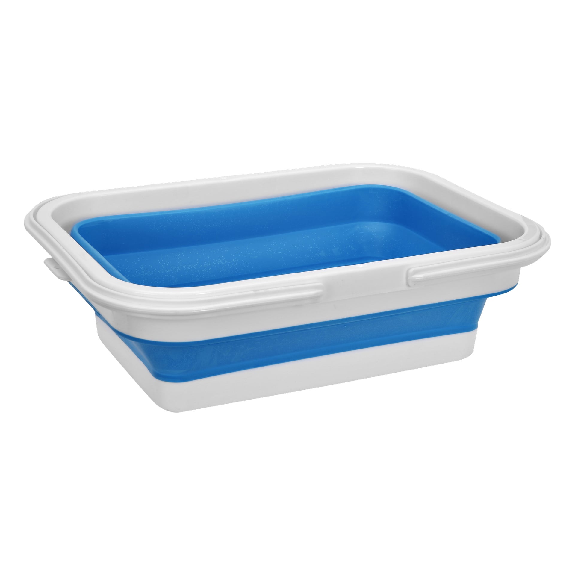 En Kayoba sammenleggbar kurv, laget av plast, har en rektangulær form med blå midtseksjon og hvite kanter på kanten og bunnen.