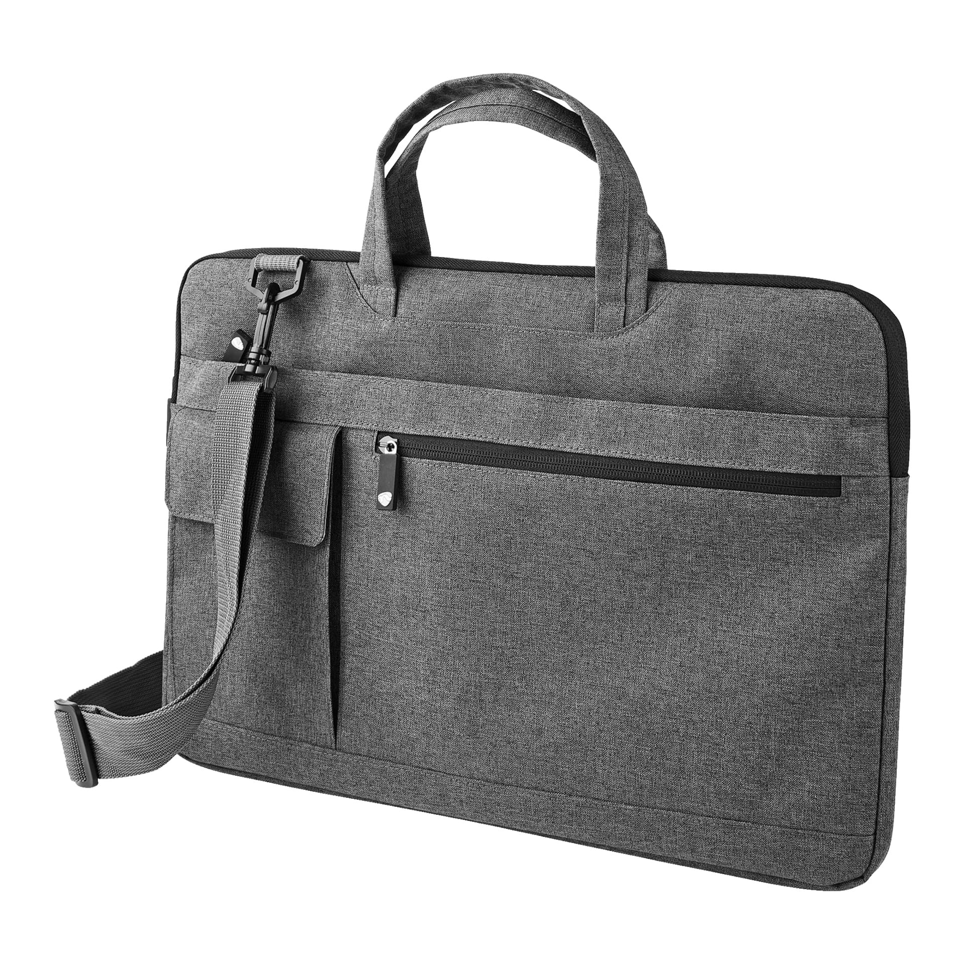 Nedis laptopväska visar en modern grå tygdesign. Den står upprätt och har två handtag, en avtagbar axelrem, en framficka med dragkedja och en extra liten ficka framtill.