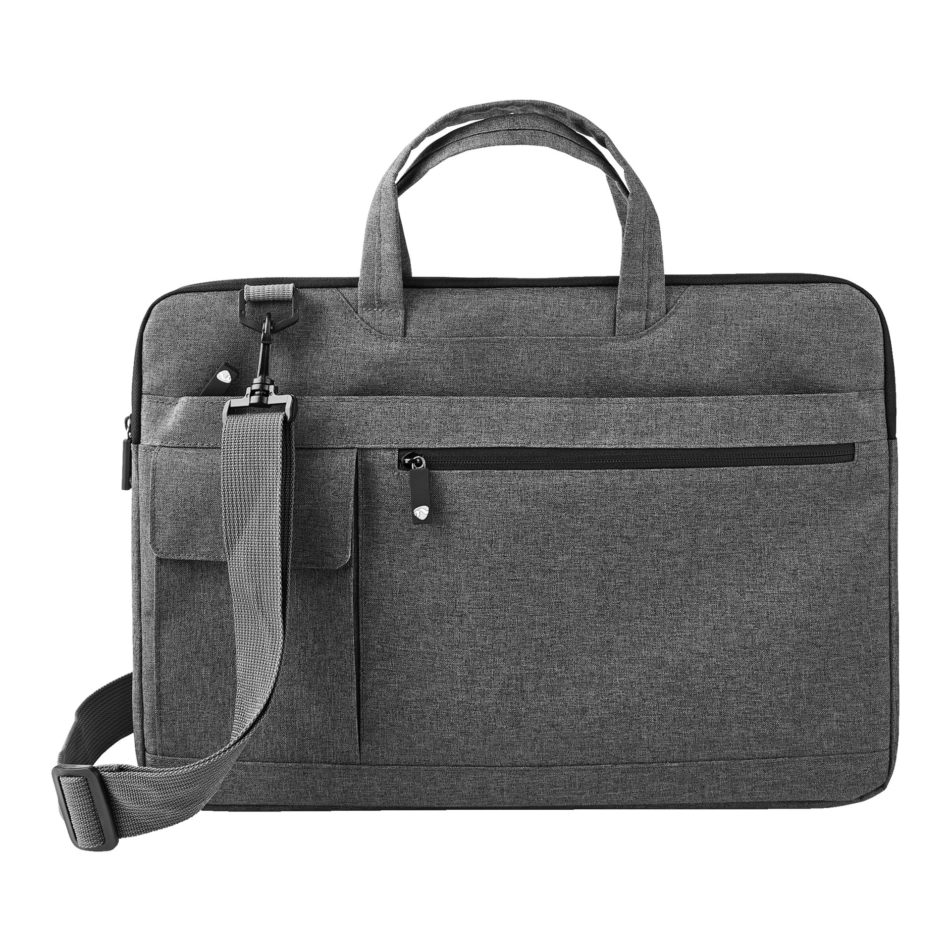 Nedis Laptop Bag visas i grått med en enkel, rektangulär form, med två starka handtag, en avtagbar axelrem, en framficka med dragkedja och en extra liten luckficka.