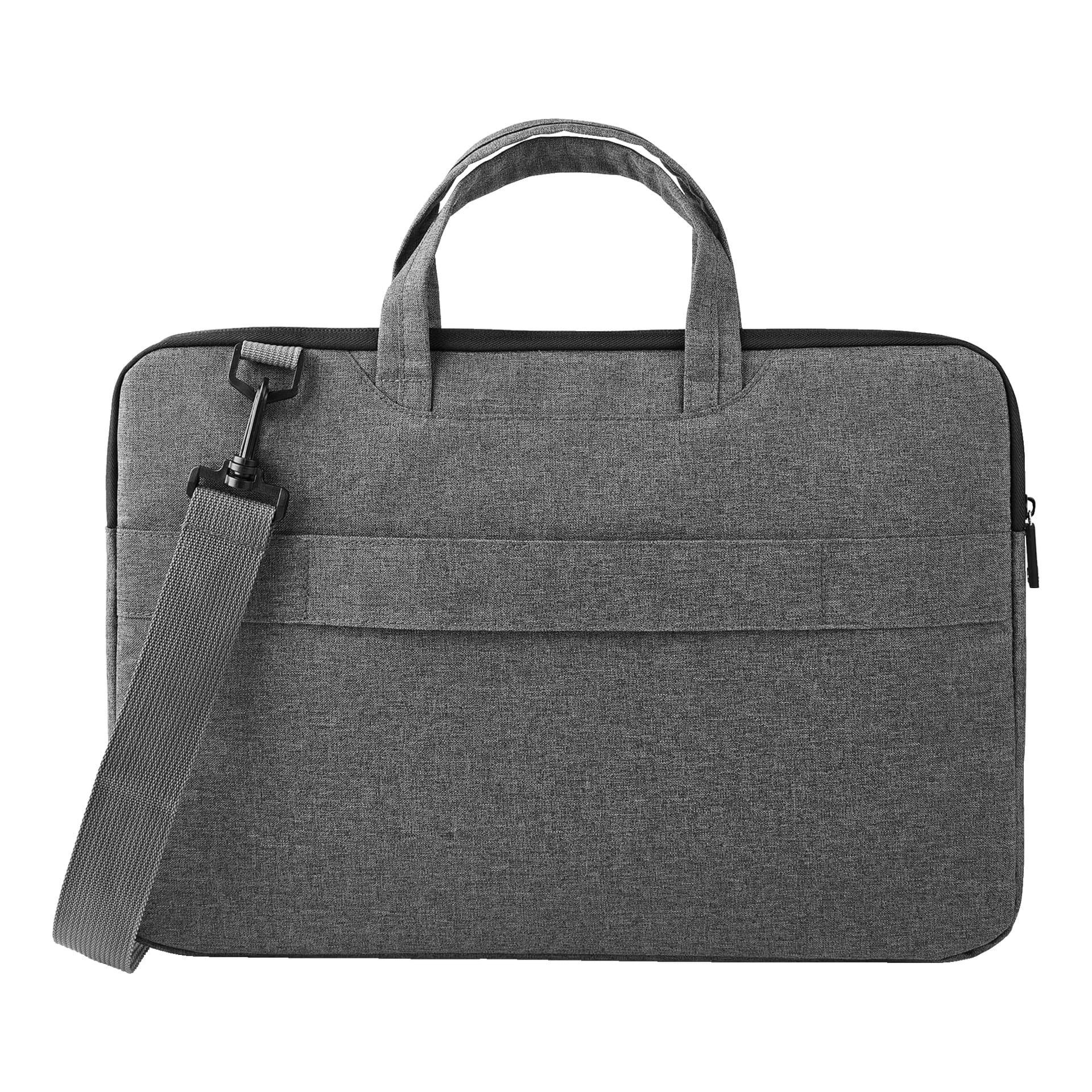 Nedis Laptop Bag, tillverkad av grått tyg, har två korta handtag, en avtagbar axelrem, en dragkedja upptill och en horisontell söm över framsidan.