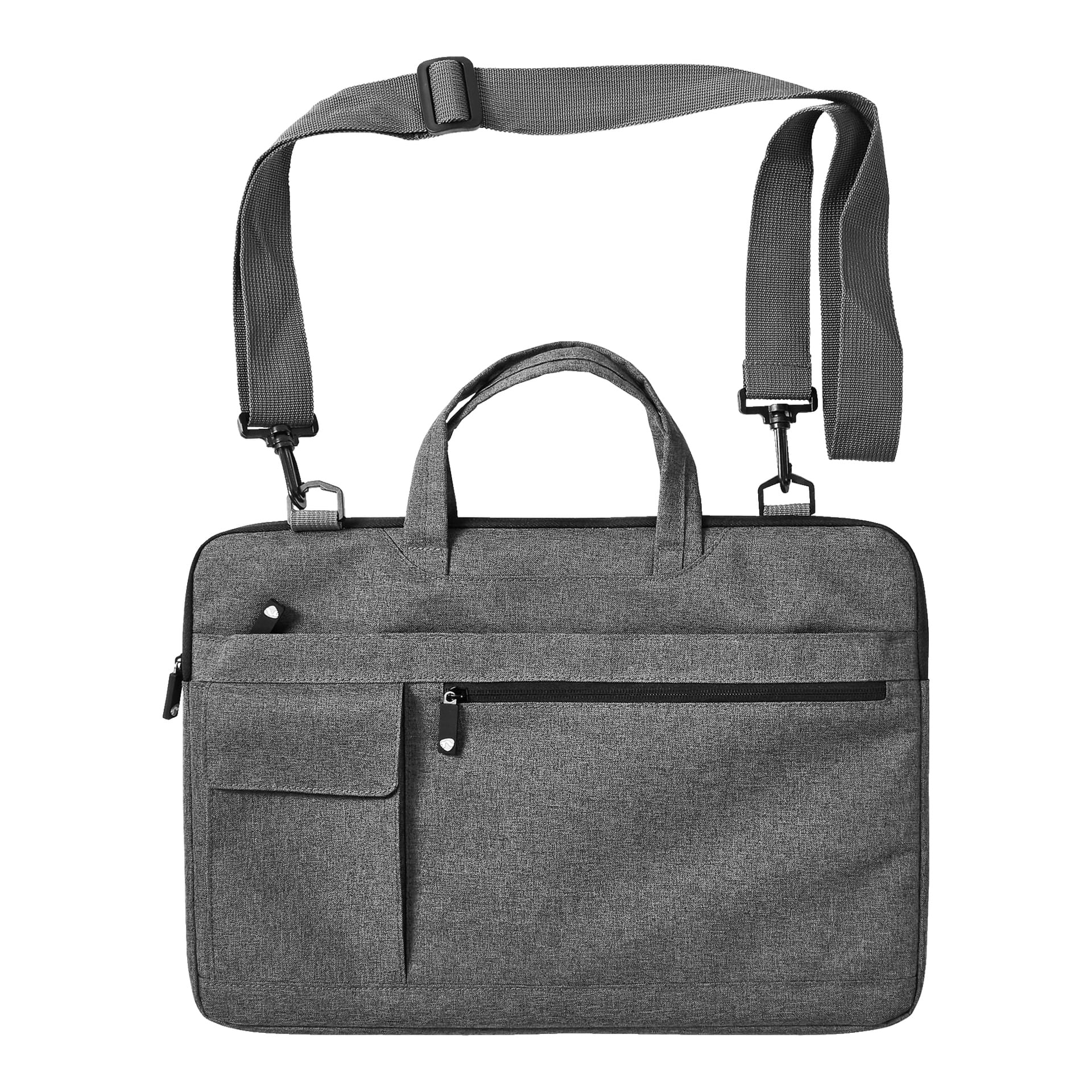 Nedis Laptop Bag har en grå tygdesign med två handtag, en avtagbar axelrem, en framficka med dragkedja och en extra liten ficka med flik.