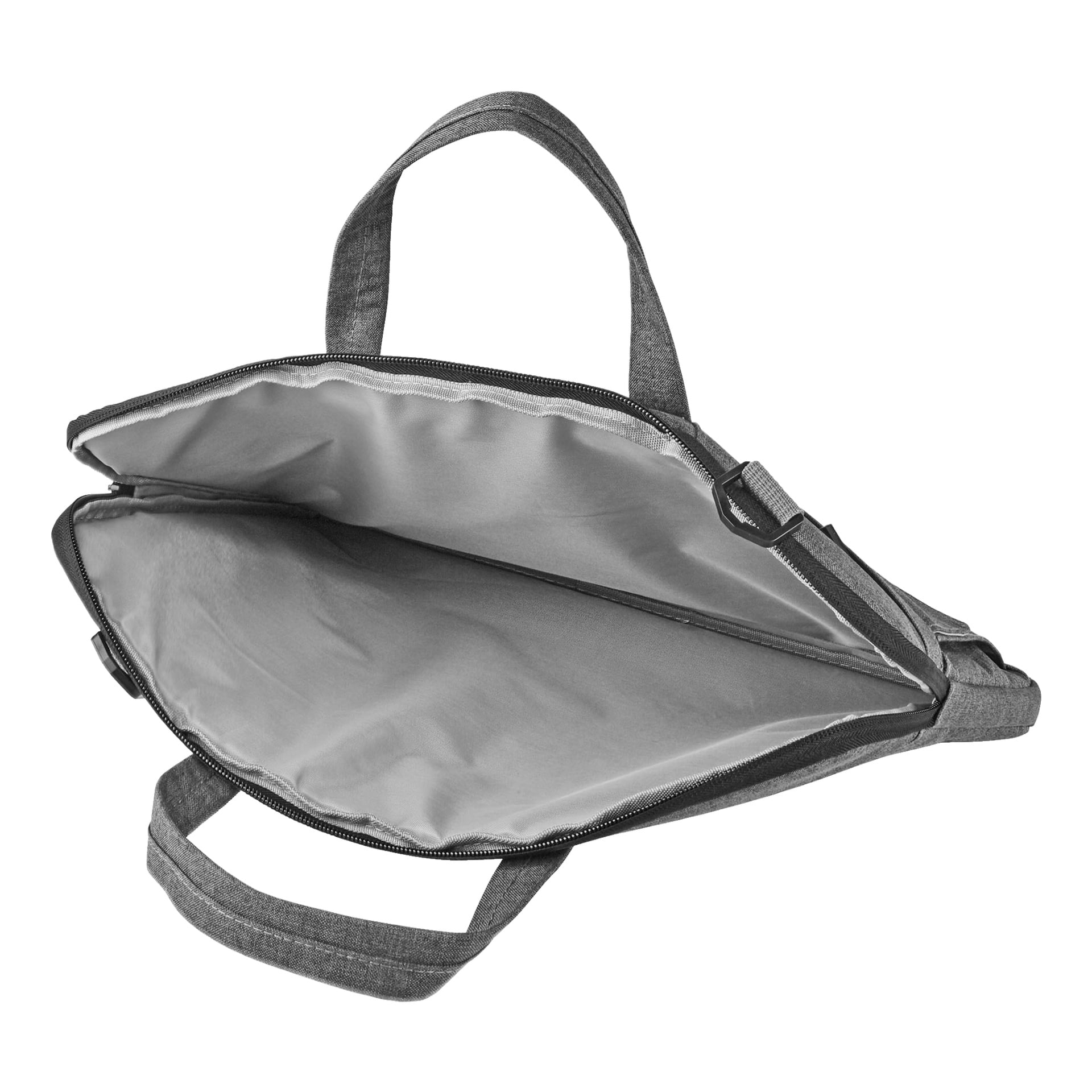 En grå Nedis laptopväska visas öppen och avslöjar ett rymligt huvudfack fodrat med ljusgrått tyg. Den har två slitstarka handtag och stängs ordentligt med en dragkedja.