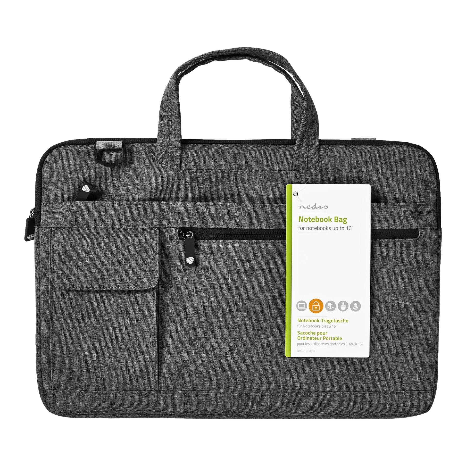 En grå Nedis laptopväska lämplig för anteckningsböcker upp till 15,6 tum, utrustad med två handtag, flera fickor med dragkedja och en etikett med texten "Laptopväska" fäst vid ett handtag.