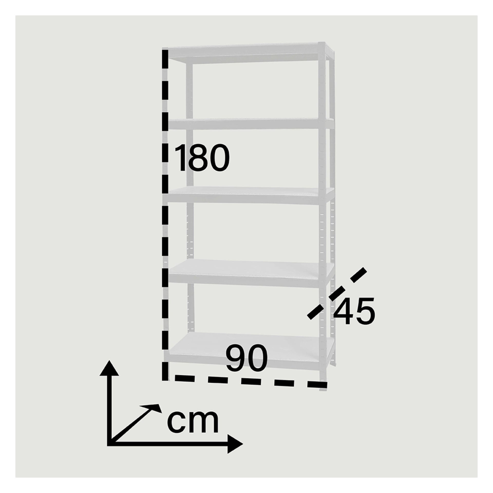Półka Hard Head Storage to metalowa półka w kolorze białym, zaprojektowana z pięcioma poziomami. Wymiary przedstawione są jako 180 cm wysokości, 90 cm szerokości i 45 cm głębokości, oznaczone czarną strzałką i przerywanymi liniami. Regał stoi samodzielnie, bez widocznych innych obiektów.
